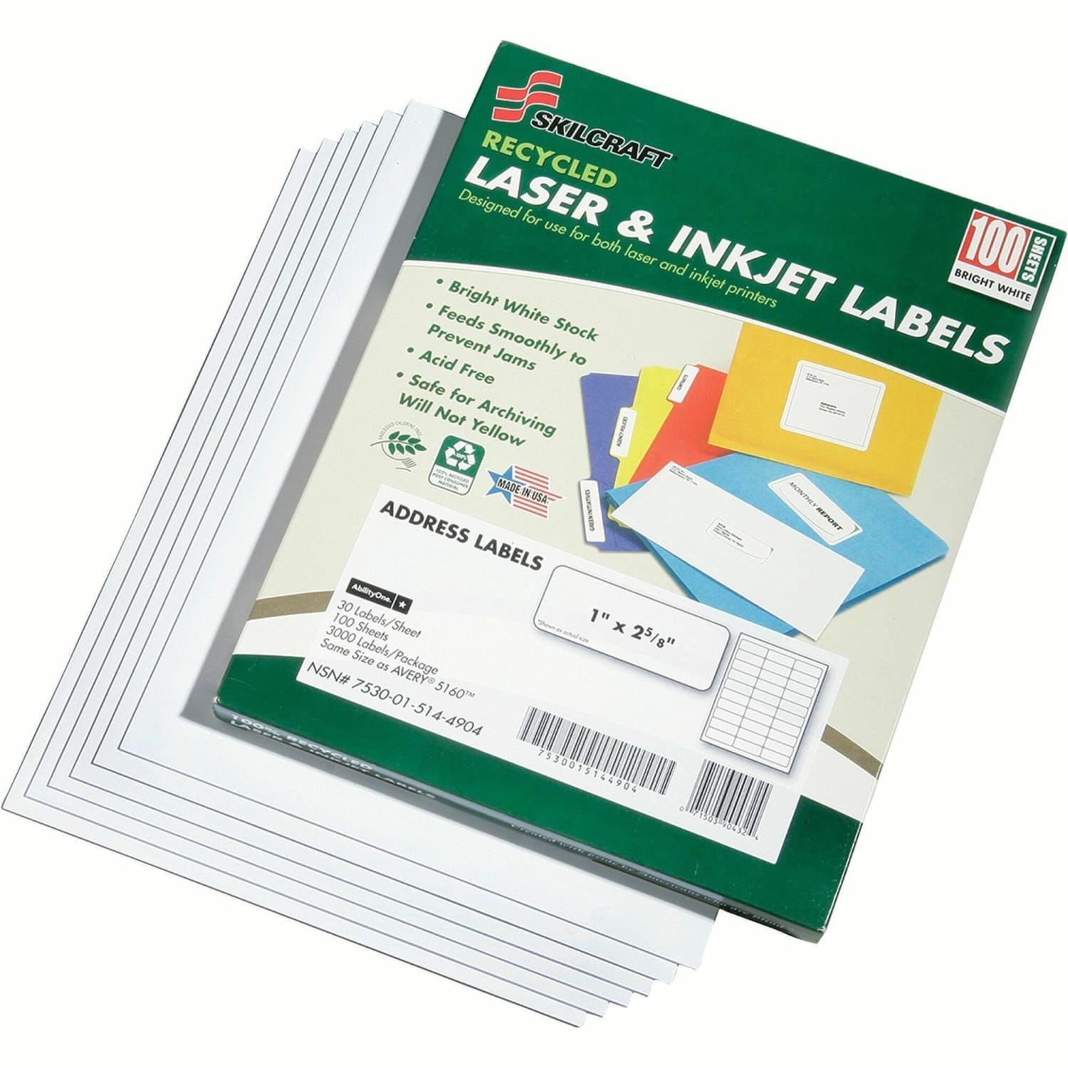 SKILCRAFT Permanent Inkjet/Laser Address Labels, NSN5144904, Rectangle, 1in x 2 5/8in, White, Box Of 100 Sheets (AbilityOne 7530-01-514-4904) - Image 3