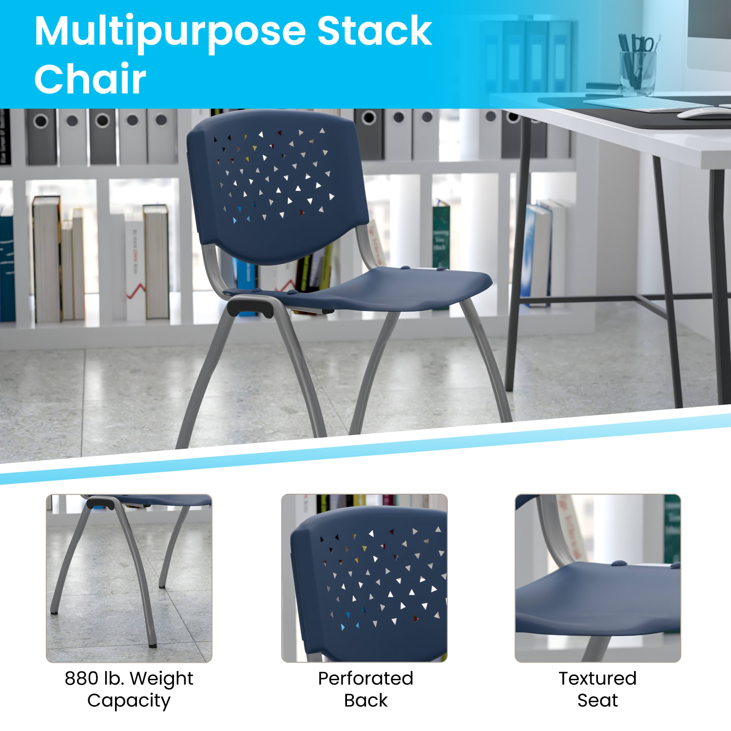 Flash Furniture HERCULES Series Plastic Stack Chair With Titanium Frame Navy PopularChairscom