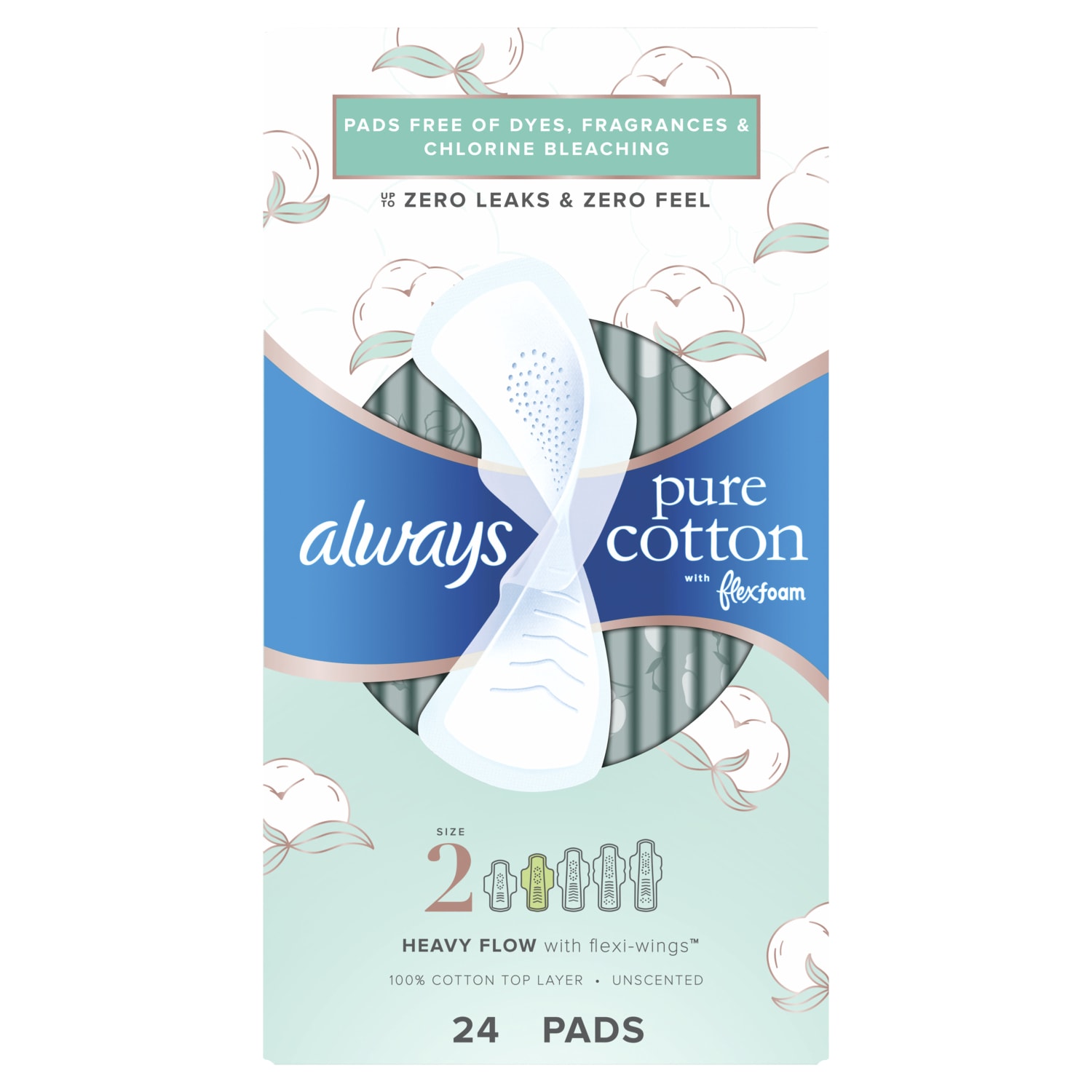 Always Pure Cotton Feminine Pads For Women With Wings, Size 2, Heavy, Unscented, 24 Pads Per Pack, Case Of 3 Packs - Image 3