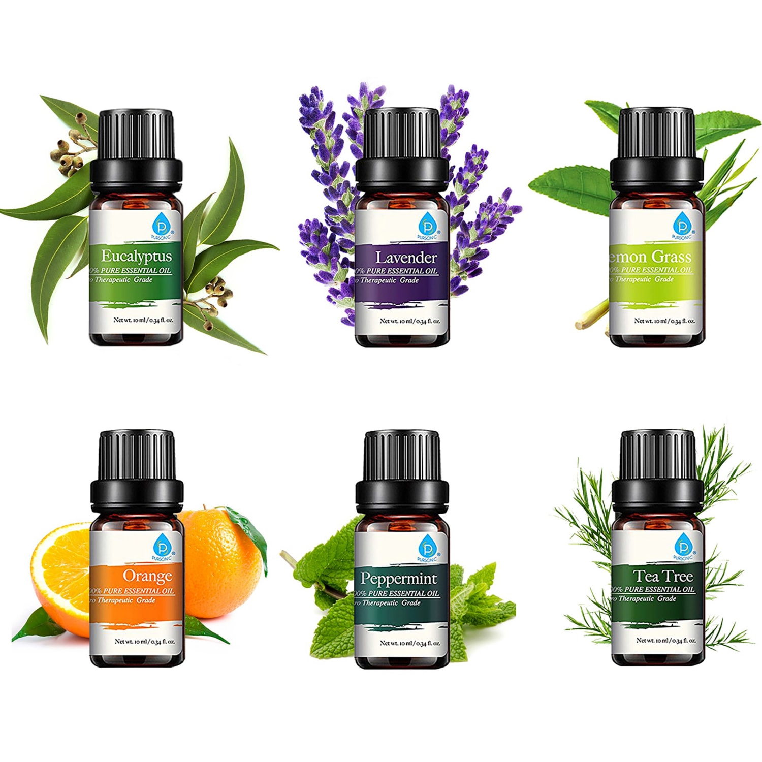 Pursonic 100% Pure Essential Aromatherapy Oils 6-Pack Gift Set, 0.34 Fl Oz - Image 4