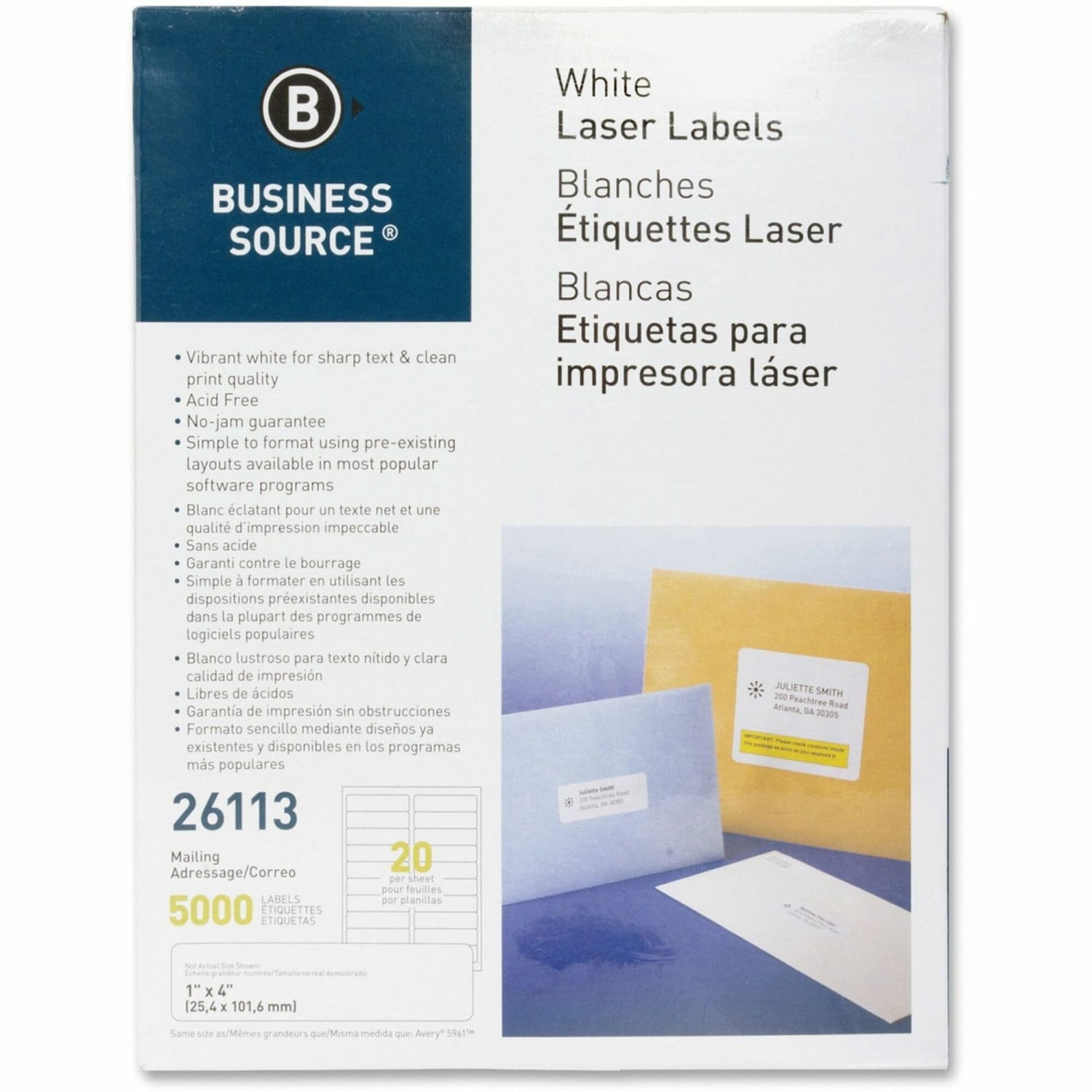 Business Source Bright White Premium-quality Address Labels - 1inx 4in - Permanent Adhesive - Rectangle - 26113