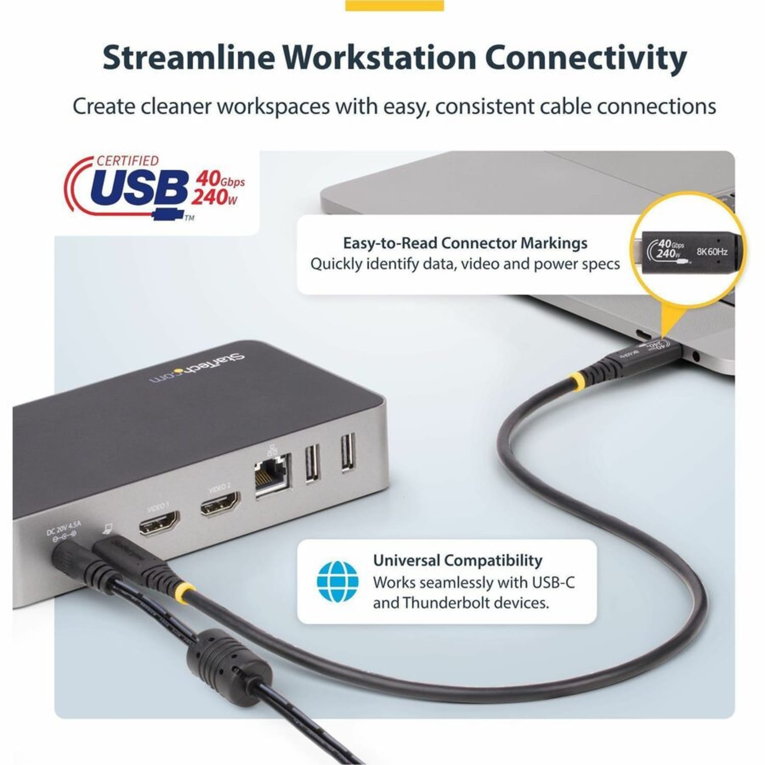 StarTech.com 1m (3.3ft) USB4 Cable, USB-IF Certified USB-C Cable, 40 Gbps, 240W PD 3.1, 8K 60Hz, Compatible w/Thunderbolt/USB 3.2 Ports - Image 5
