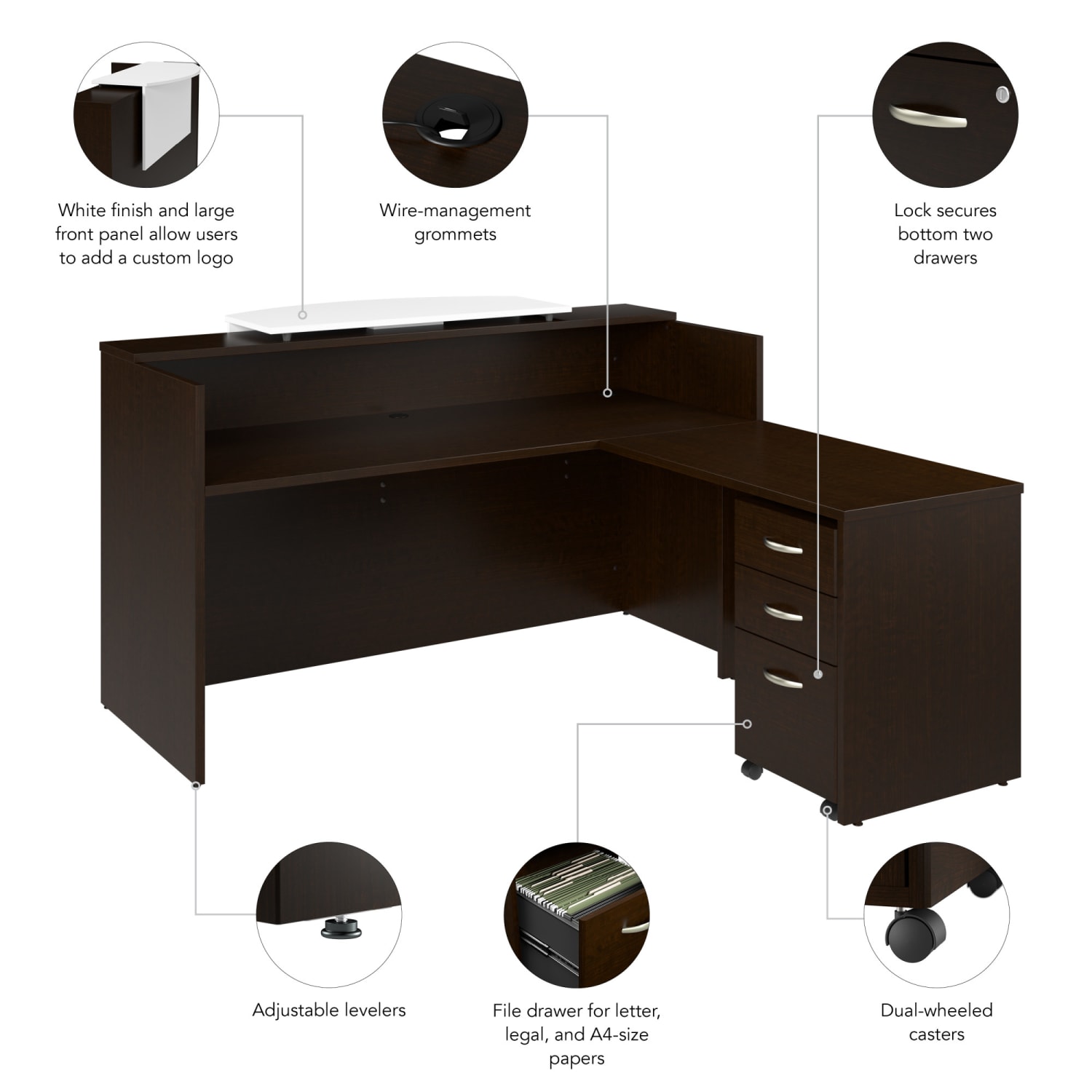 Bush Business Furniture Arrive 72inW L Shaped Reception Desk with Counter and Mobile File Cabinet, Mocha Cherry, Standard Delivery - Image 6