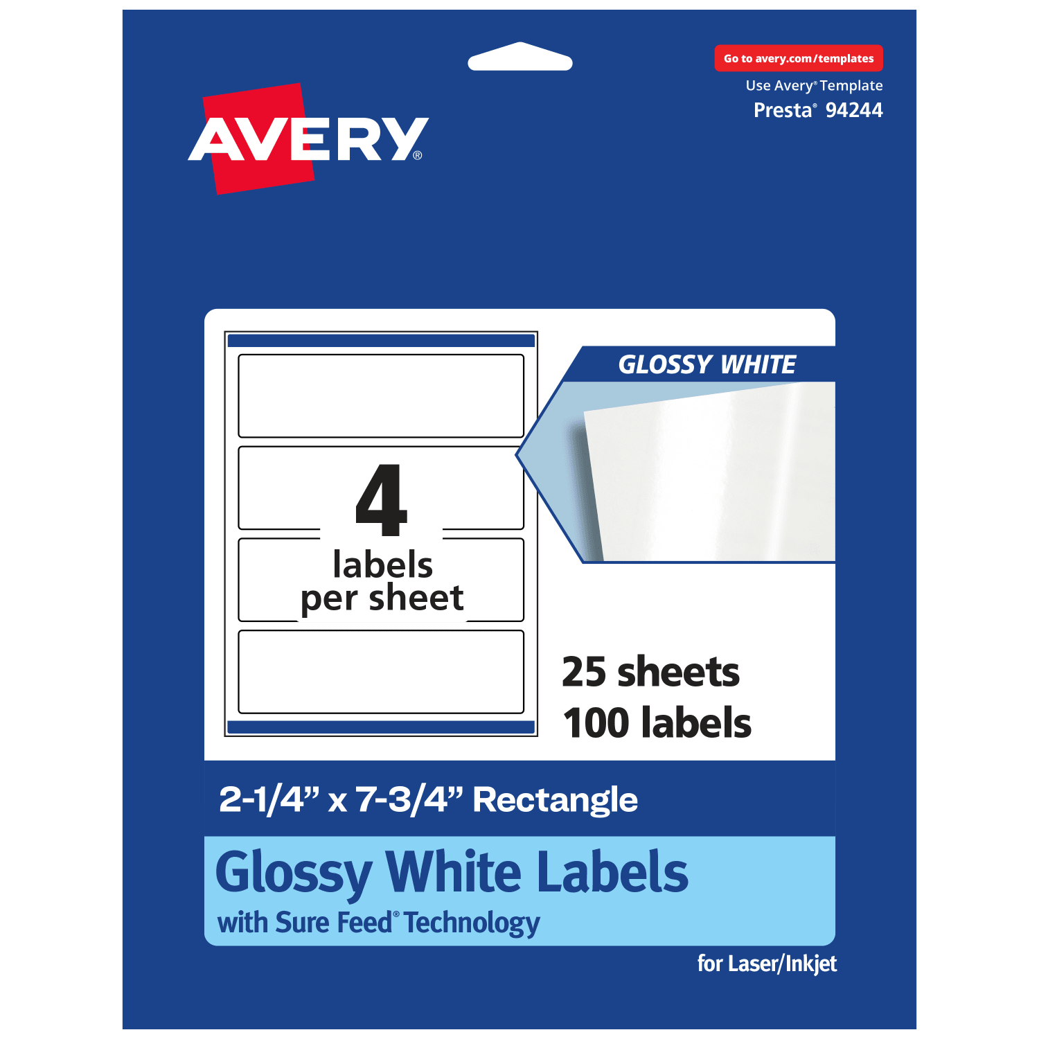 Avery Glossy Permanent Labels With Sure Feed, 94244-WGP25, Rectangle, 2-1/4in x 7-3/4in, White, Pack Of 100