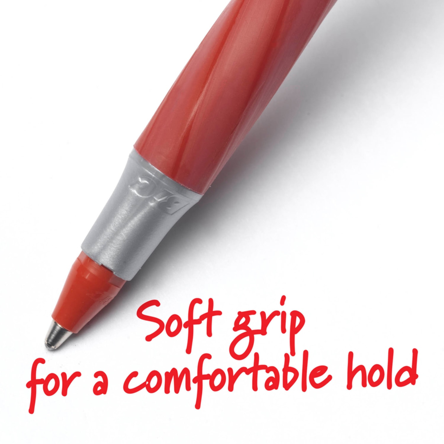 BIC Round Stic Grip Xtra Comfort Ballpoint Pens, Medium Point, 1.2 mm, Gray Barrel, Red Ink, Pack Of 12 Pens - Image 6
