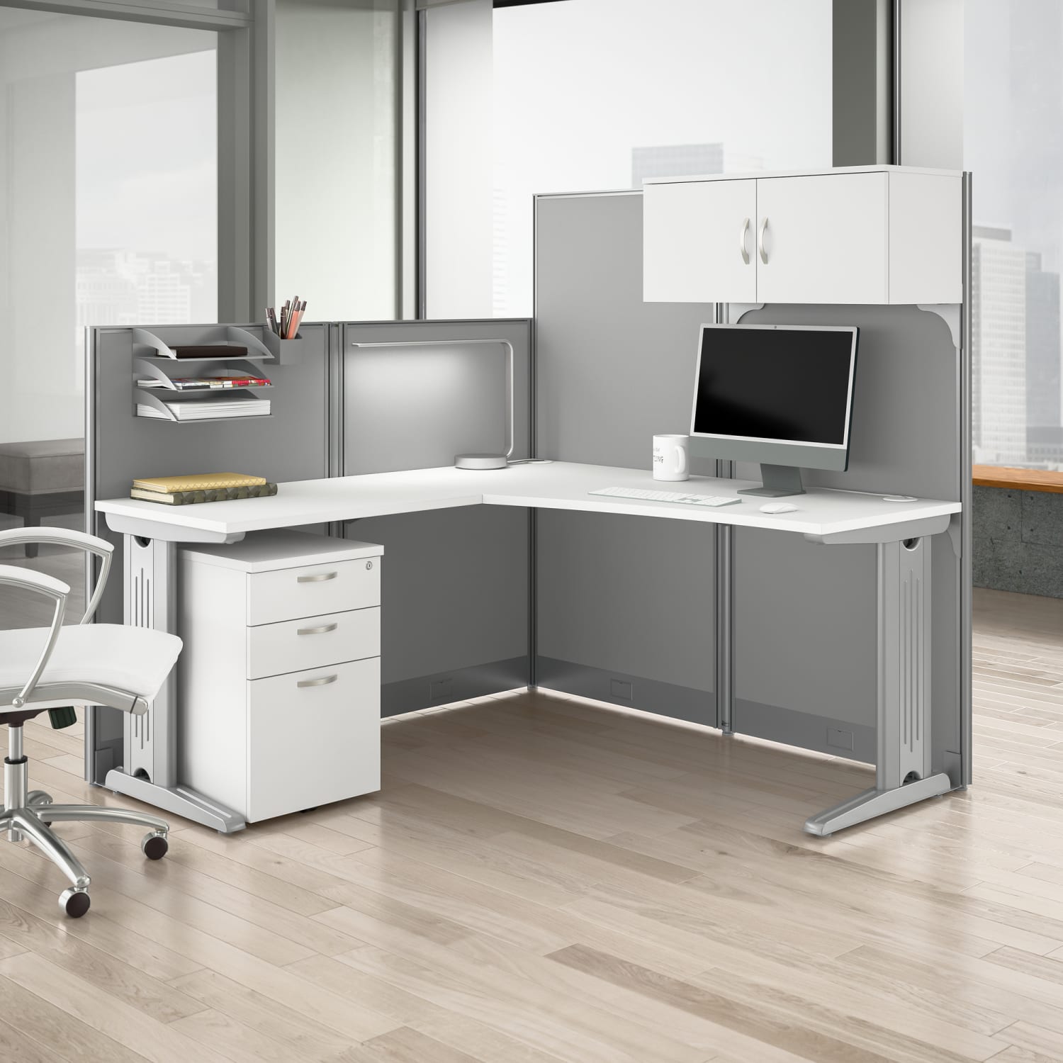 Bush Business Furniture Office in an Hour 65inW L-Shaped Cubicle Desk With Storage, Drawers And Organizers, Pure White, Standard Delivery - Image 3