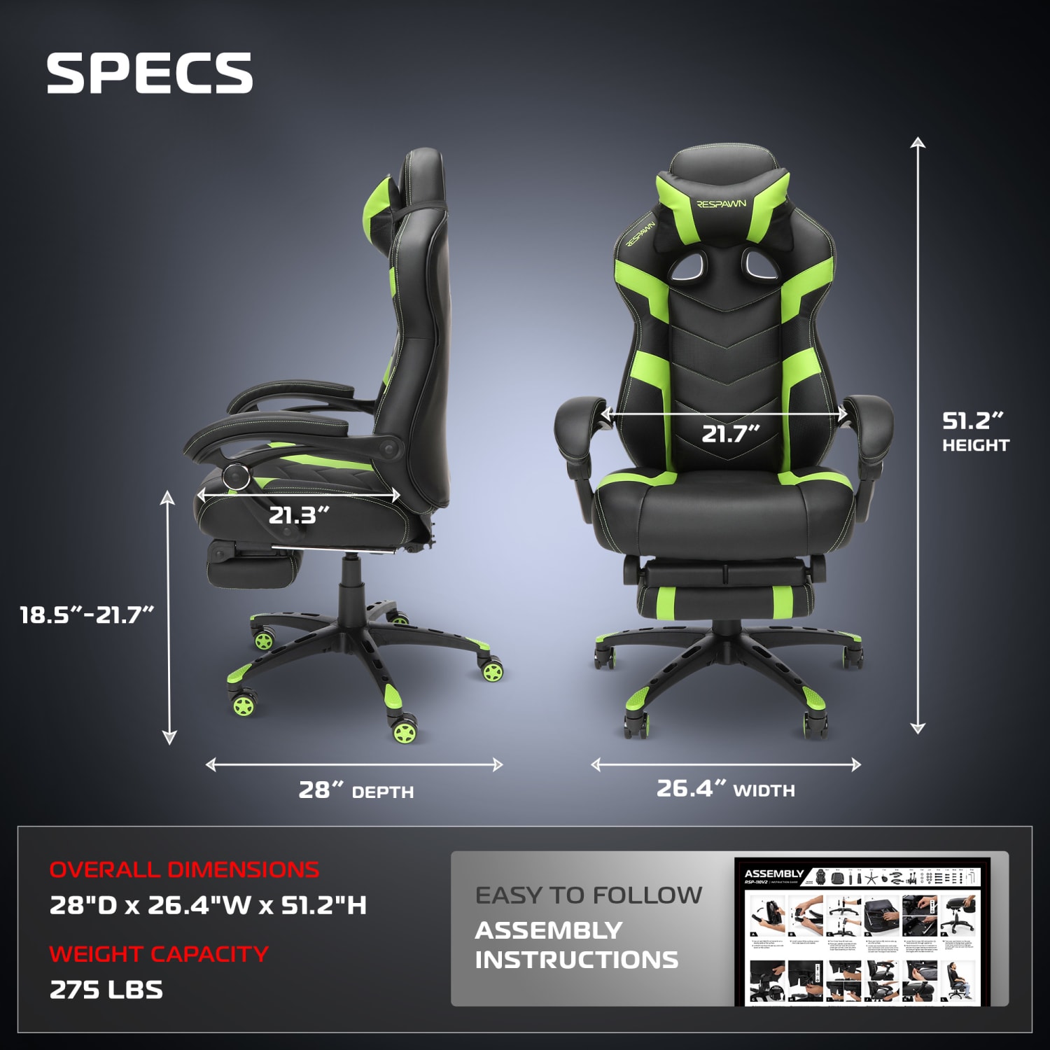 RESPAWN 110 Pro Gaming Chair With Footrest  Headrest Pillow Green RSP110V2GRN PopularChairscom