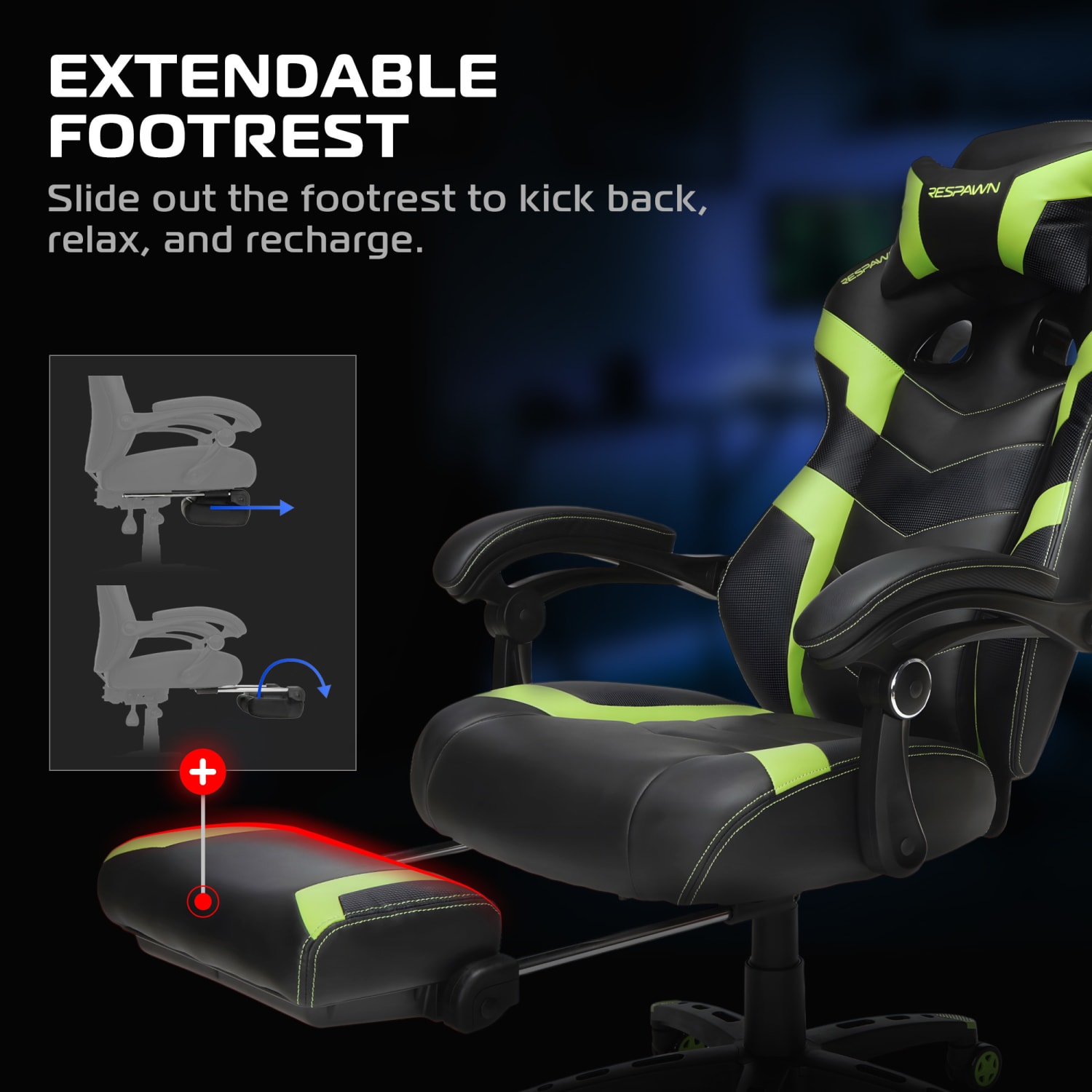 RESPAWN 110 Pro Gaming Chair With Footrest  Headrest Pillow Green RSP110V2GRN PopularChairscom