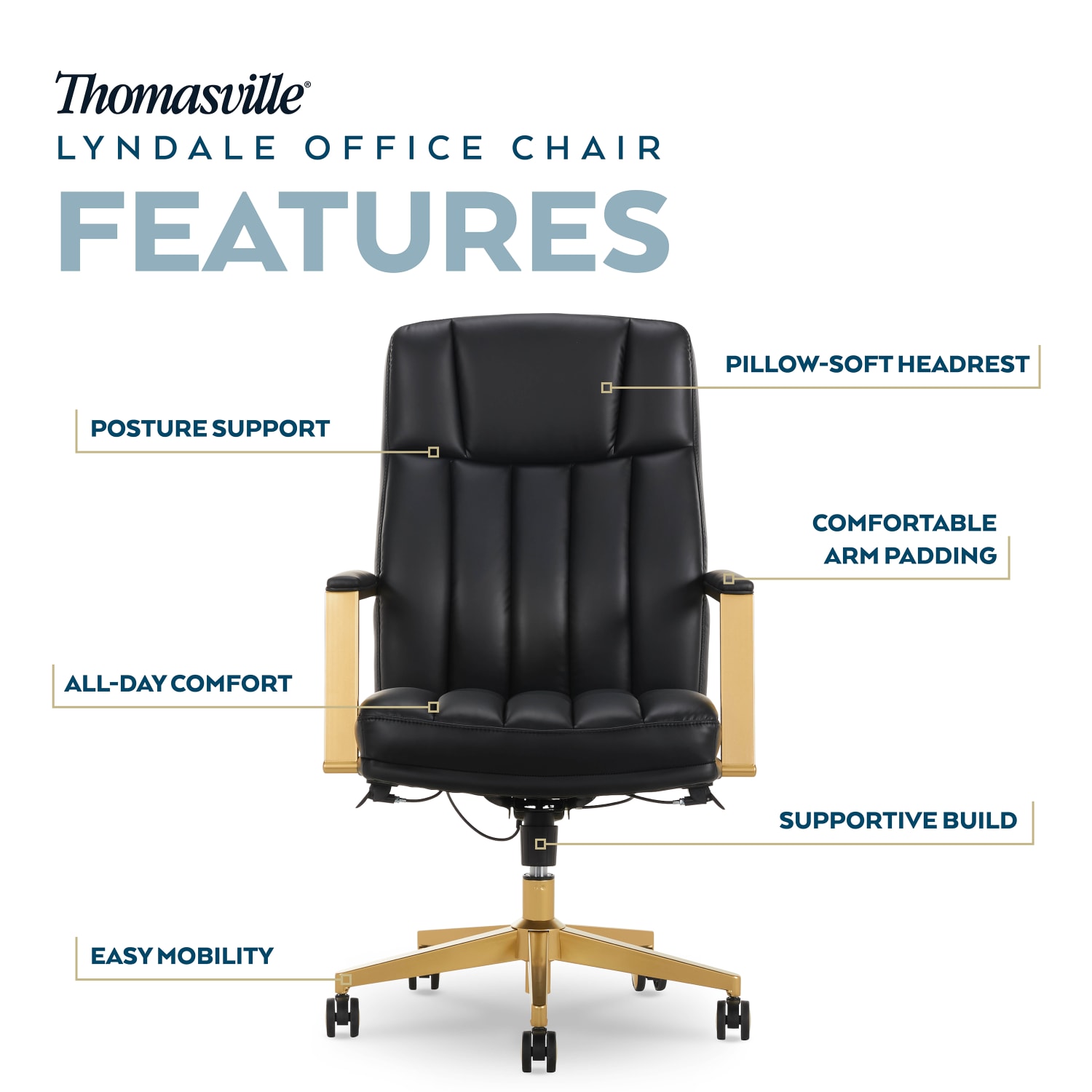 Thomasville Lyndale Ergonomic Vegan Leather Mid-Back Office Chair, Black/Gold - Image 4