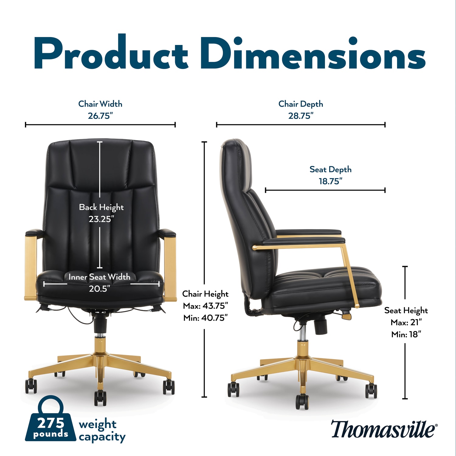 Thomasville Lyndale Ergonomic Vegan Leather Mid-Back Office Chair, Black/Gold - Image 5