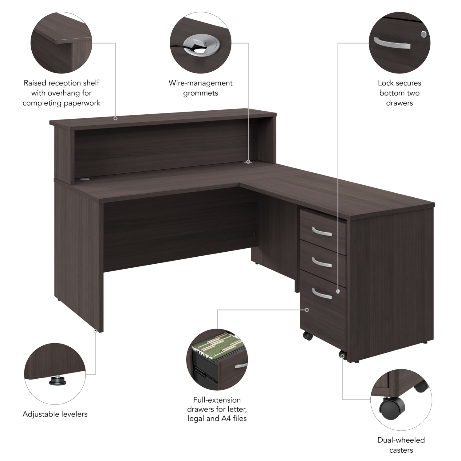 Bush Business Furniture Arrive 60inW L Shaped Reception Desk with Shelf and Mobile File Cabinet, Storm Gray, Standard Delivery - Image 5