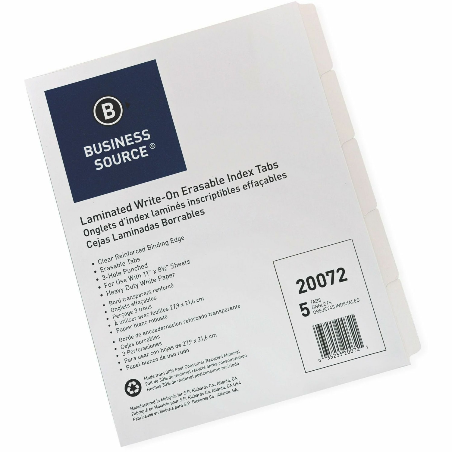 Business Source 3-Ring 5-Tab Erasable Tab Indexes - 5 Write-on Tab(s) - 2in Tab- 8.5in Dividerx 11in Divider - 20072 - Image 4