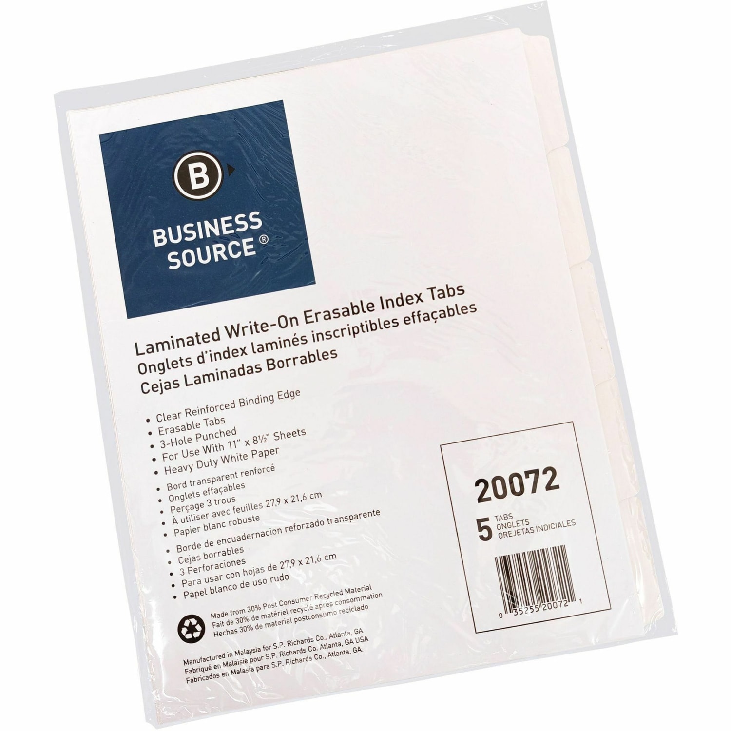 Business Source 3-Ring 5-Tab Erasable Tab Indexes - 5 Write-on Tab(s) - 2in Tab- 8.5in Dividerx 11in Divider - 20072 - Image 5