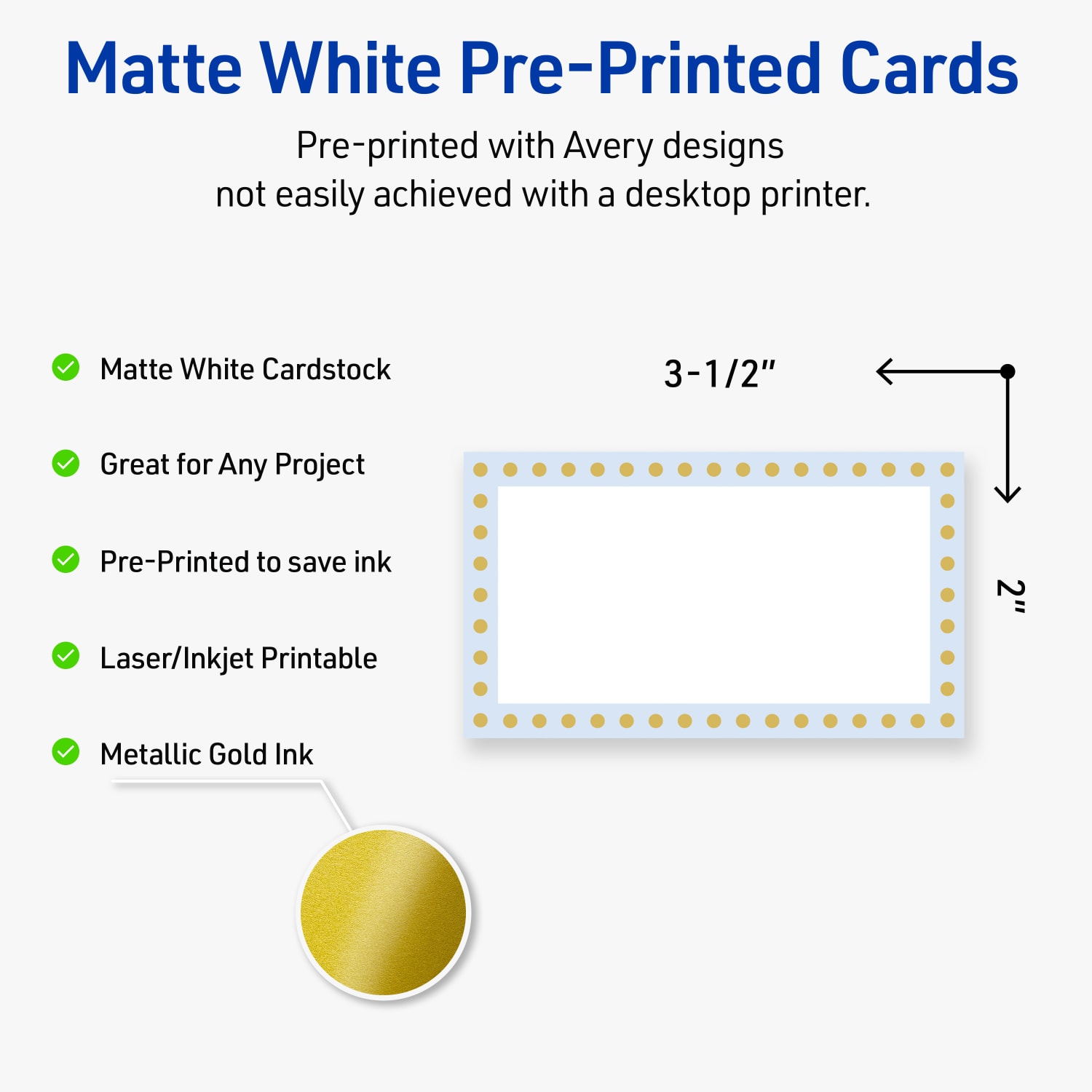 Avery Printable Cards With Sure Feed Technology, 2in x 3-1/2in, Matte White With Gold Dots/Blue Border Design, Pack Of 80 - Image 4