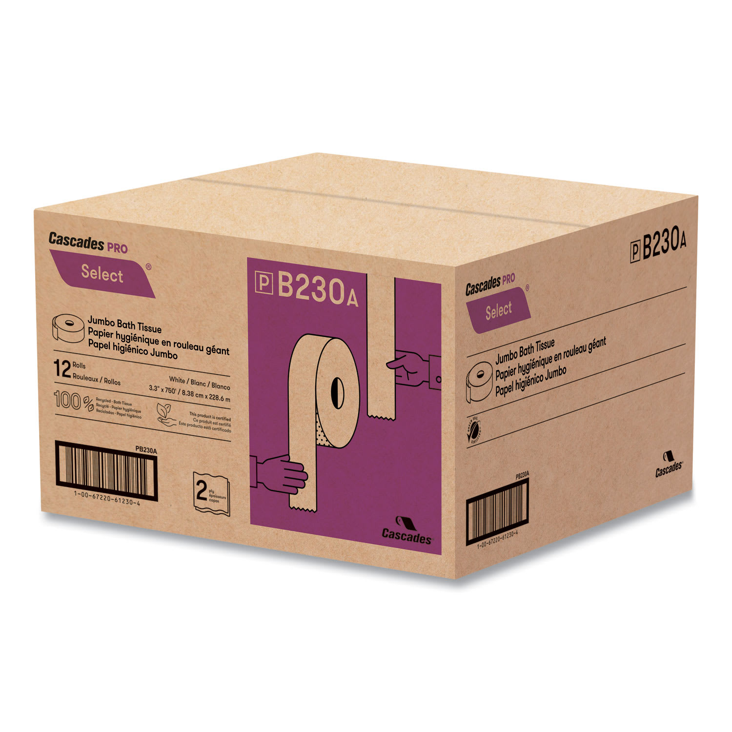 Cascades PRO Select Jumbo Bath Tissue, Septic Safe, 2-Ply, White, 3.3in x 750 ft, 12/Carton - Image 3
