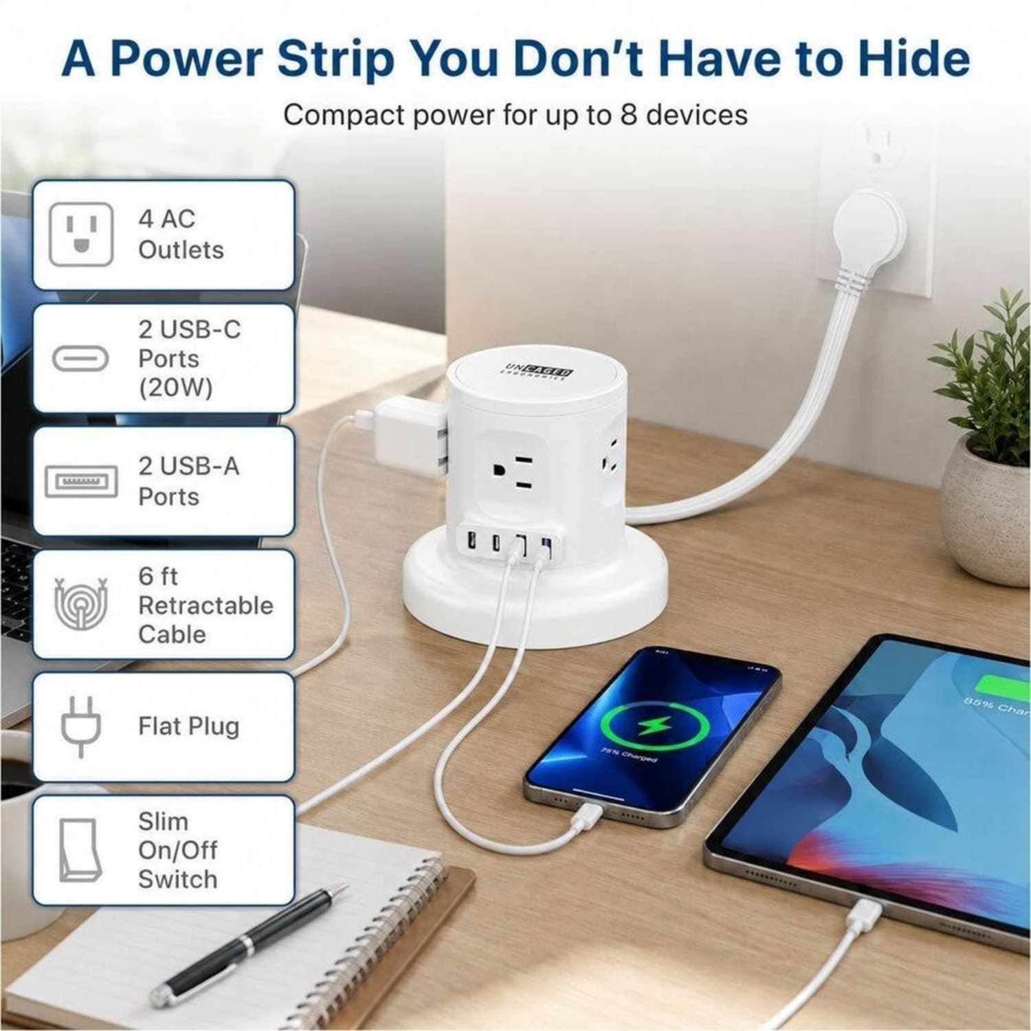 Uncaged Ergonomics Retractable Power Strip, USB-C Fast Charging, 6ft Cord, 1625 W, White - Image 3