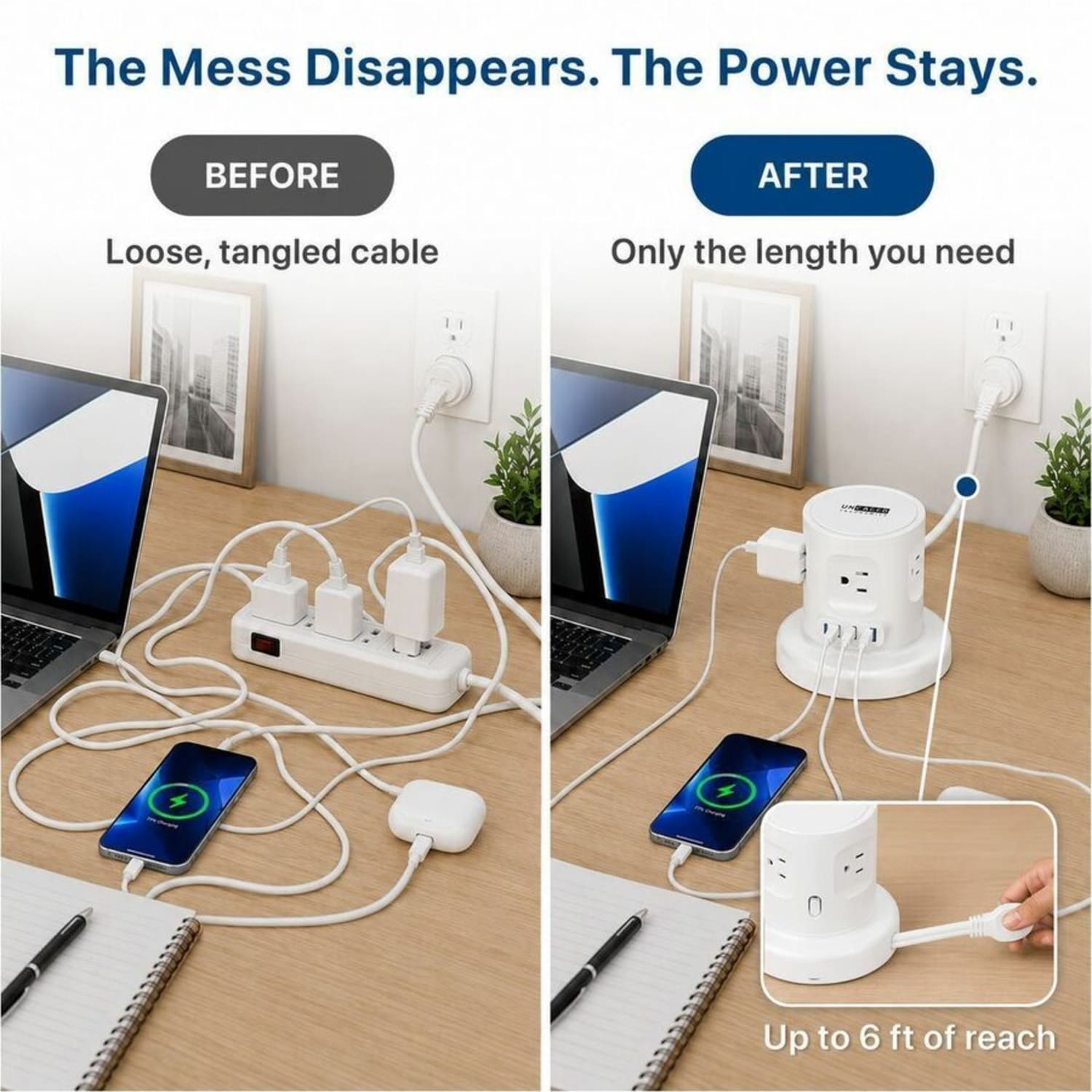Uncaged Ergonomics Retractable Power Strip, USB-C Fast Charging, 6ft Cord, 1625 W, White - Image 4