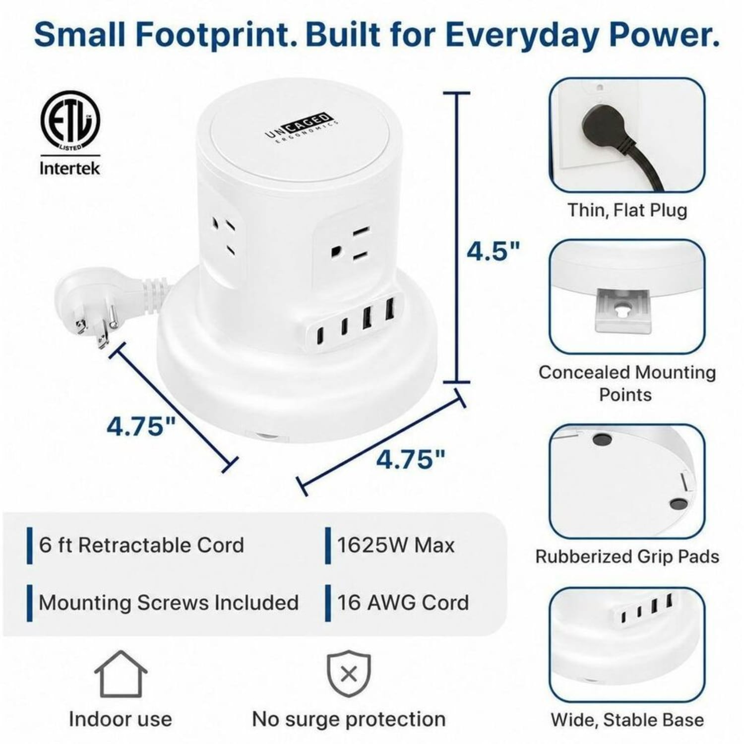 Uncaged Ergonomics Retractable Power Strip, USB-C Fast Charging, 6ft Cord, 1625 W, White - Image 6