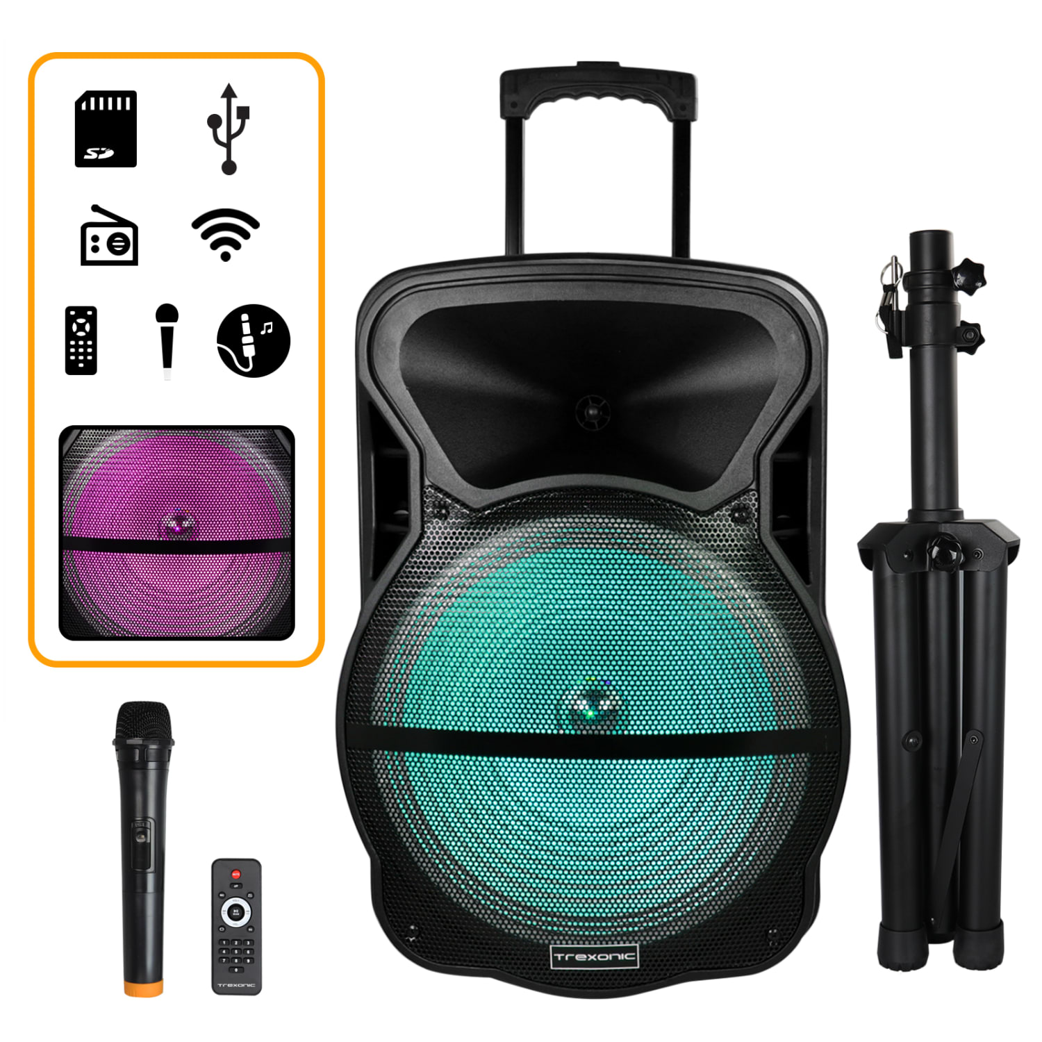 Trexonic Combination Bluetooth Portable Speaker, 15in Subwoofer With Remote Control and Wireless Microphone, Black - Image 6