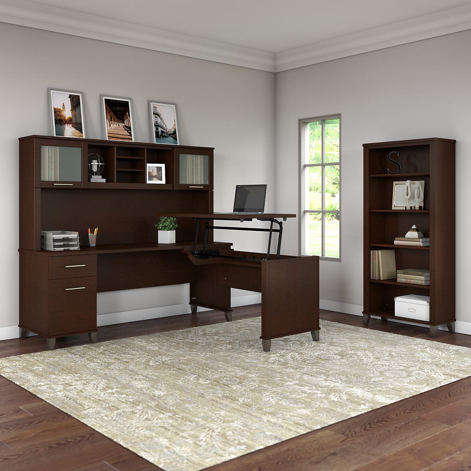 Bush Furniture Somerset 72inW 3 Position Sit to Stand L Shaped Desk With Hutch And Bookcase, Mocha Cherry, Standard Delivery - Image 3