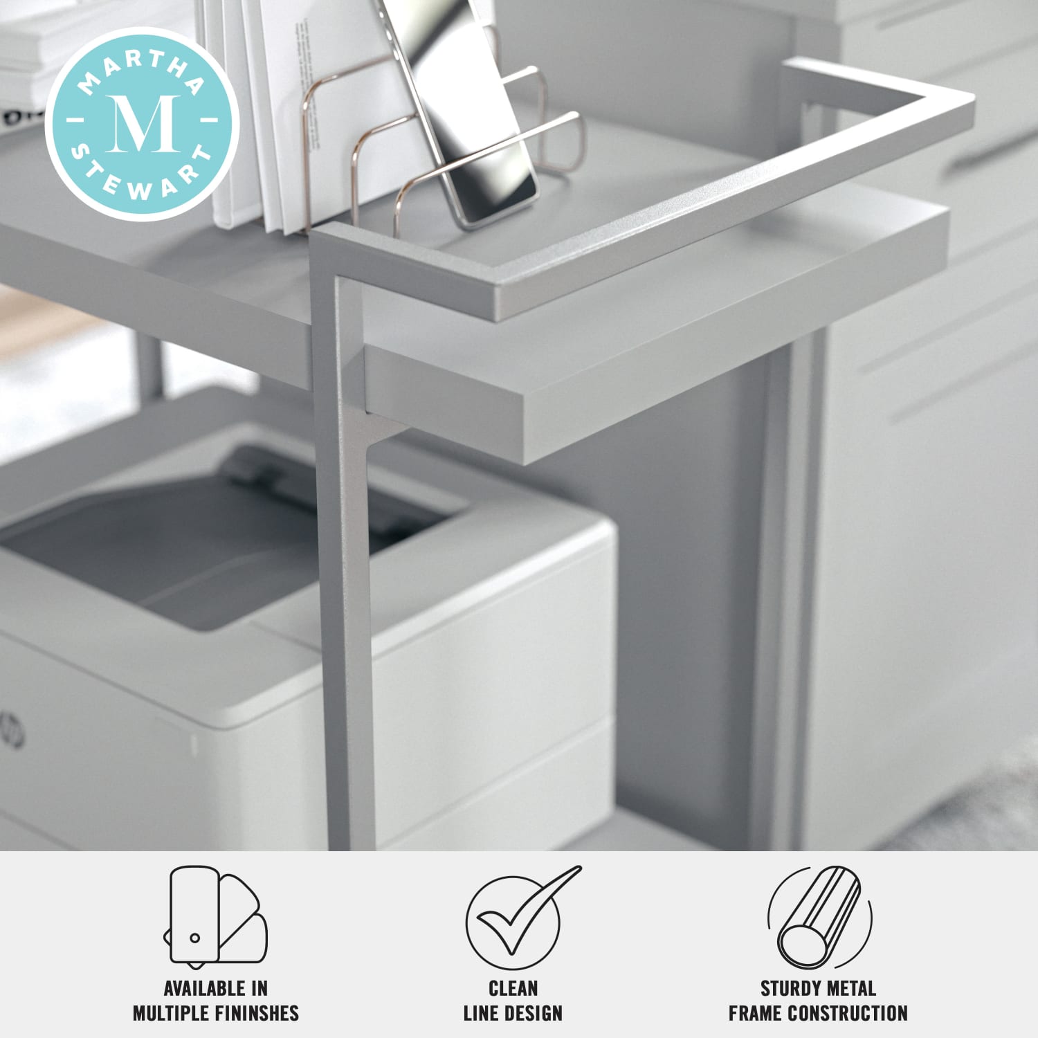 Martha Stewart Liam 2-Tier Office Storage And Printer Cart, Gray/Brushed Nickel - Image 5