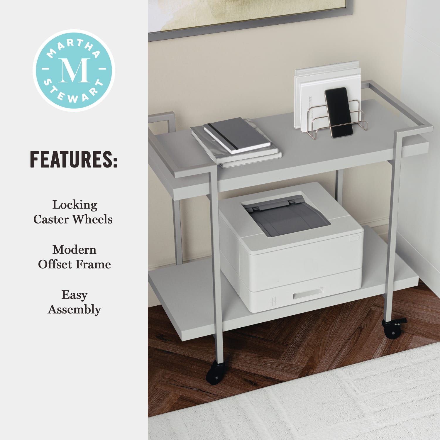 Martha Stewart Liam 2-Tier Office Storage And Printer Cart, Gray/Brushed Nickel - Image 6