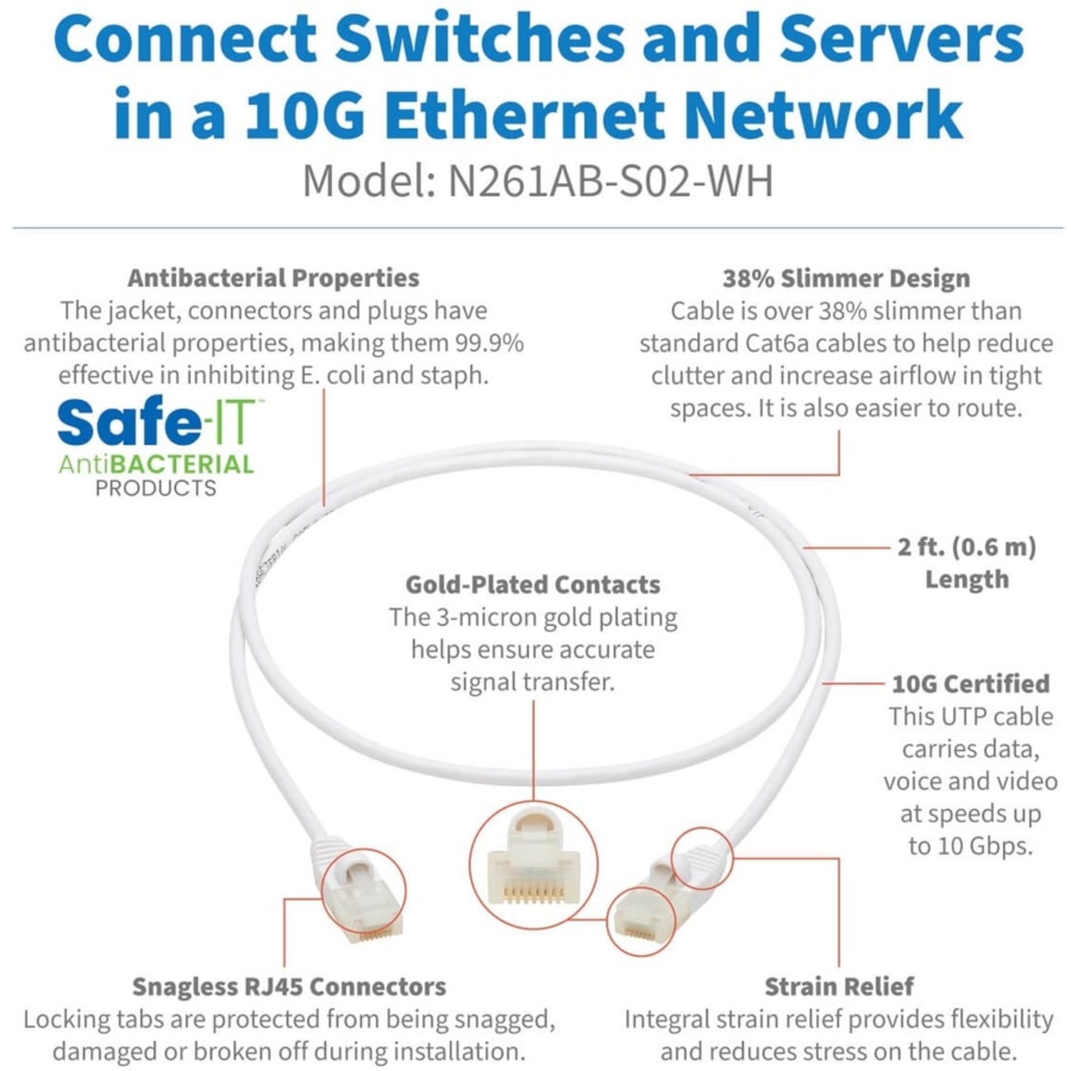 Tripp Lite Safe-IT Cat6a Ethernet Cable Antibacterial Snagless Slim M/M 2ft  - 10 Gbit/s - Gold Plated Contact - 28 AWG - White - Image 3