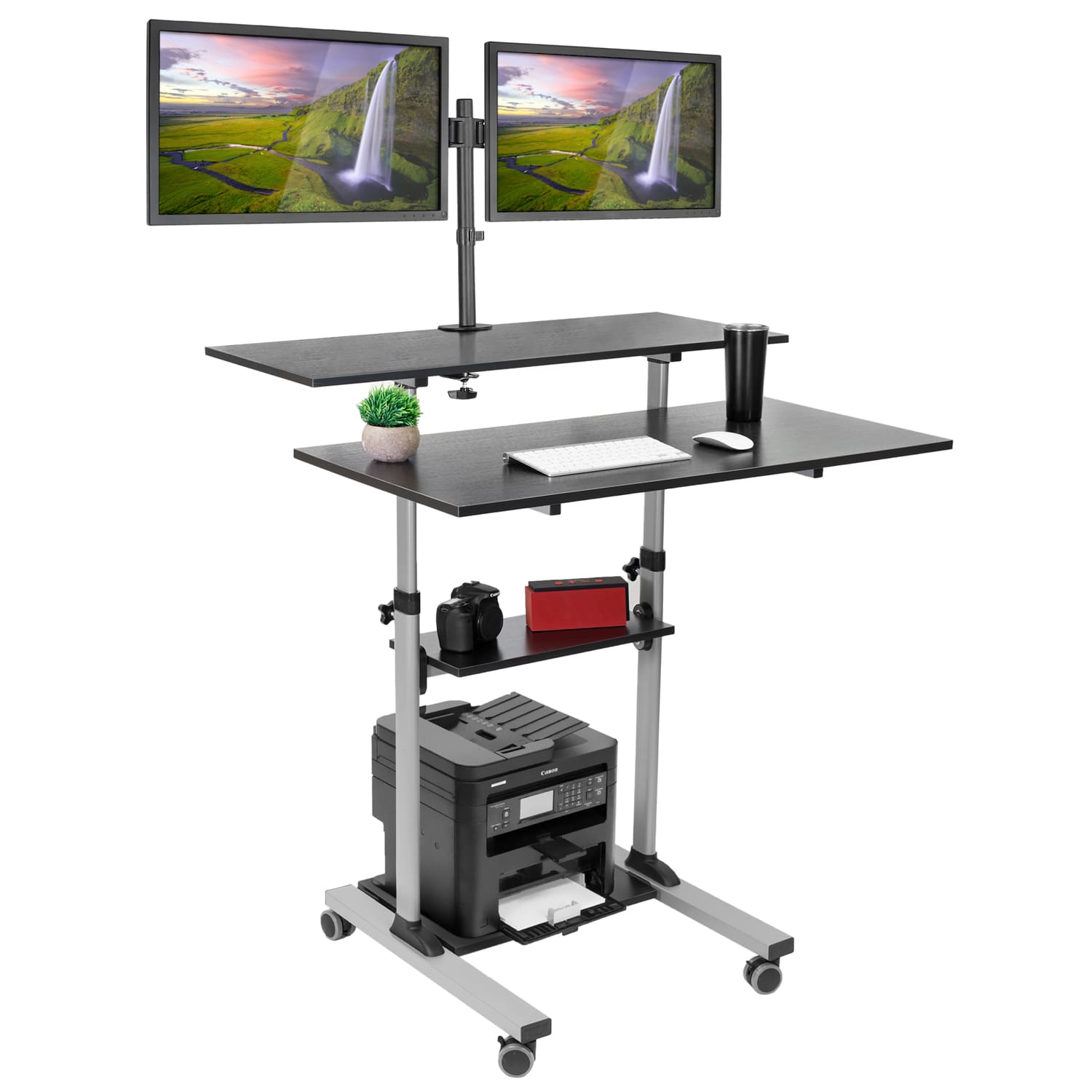 Mount-It! MI-7972 Mobile Standing Desk Workstation, With Dual-Monitor Mount, 72-1/4inH x 39-1/2inW x 26inD, Silver - Image 3