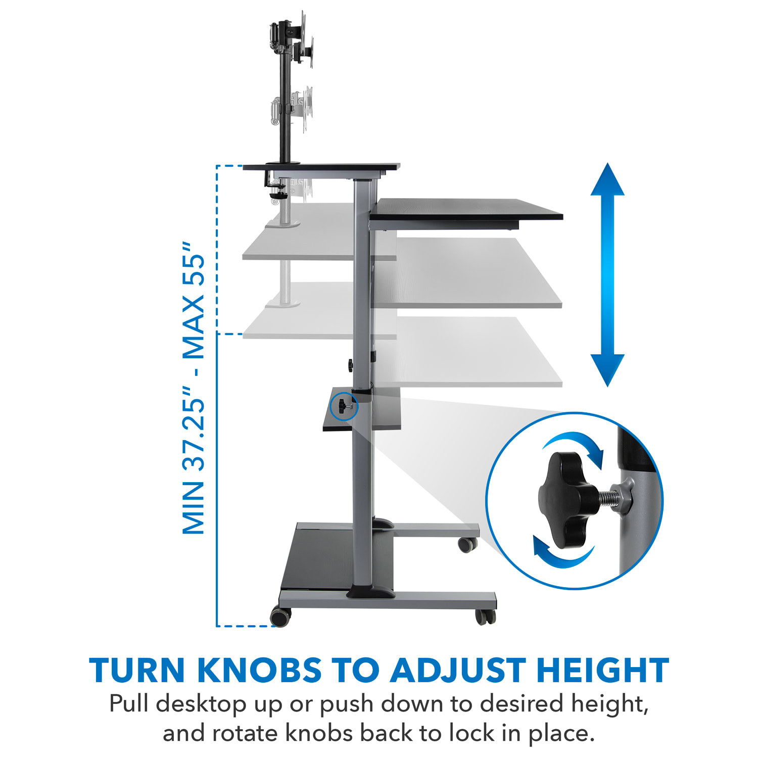 Mount-It! MI-7972 Mobile Standing Desk Workstation, With Dual-Monitor Mount, 72-1/4inH x 39-1/2inW x 26inD, Silver - Image 4