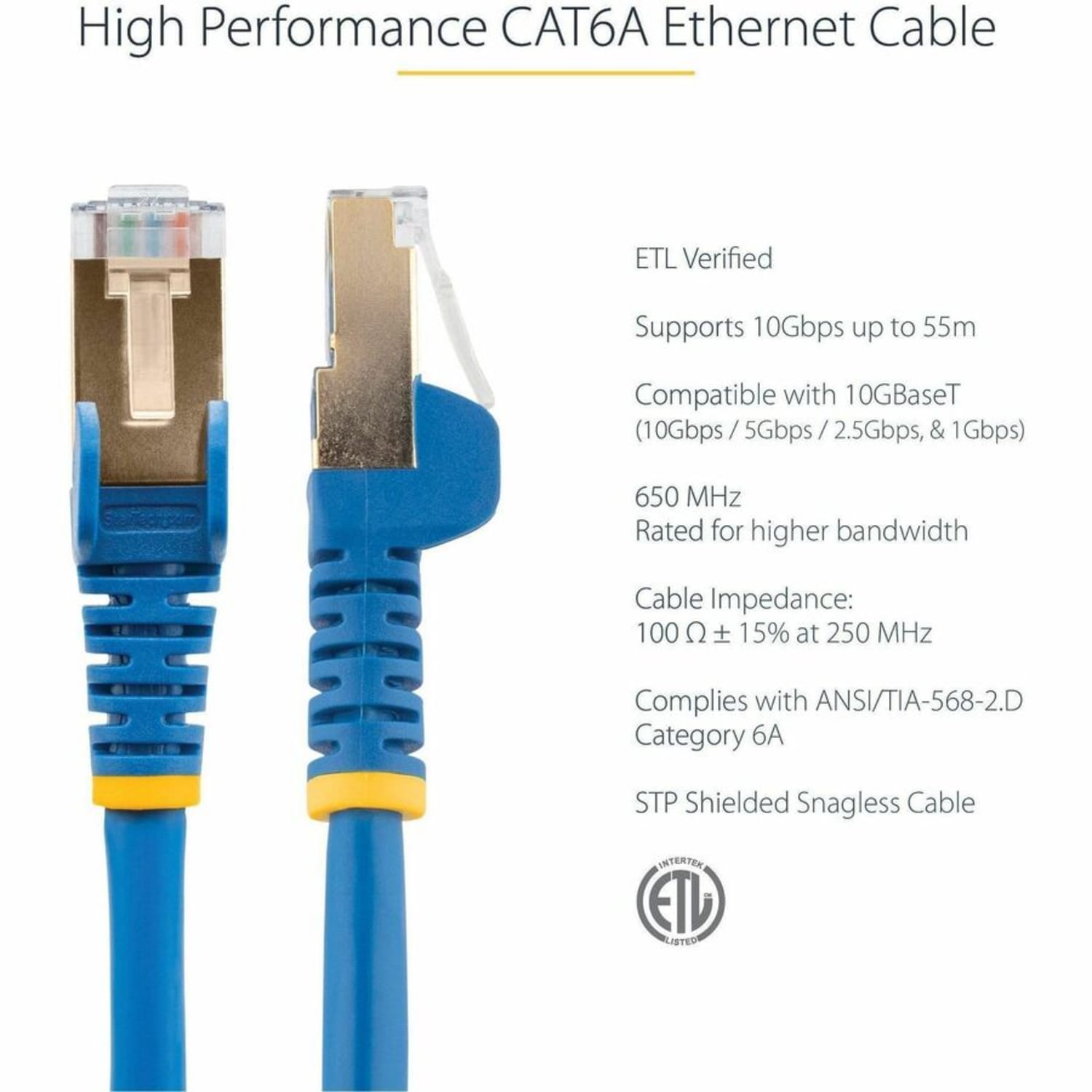 StarTech.com 3 ft CAT6a Ethernet Cable - 10 Gigabit Category 6a Shielded Snagless RJ45 100W PoE Patch Cord - C6ASPAT3BL - Image 5