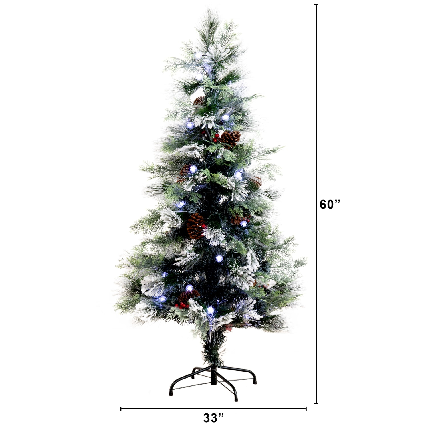 Nearly Natural Flocked Pine 60inH Artificial Fiber Optic Christmas Tree With Pinecones, Berries And LED Lights, 60inH x 33inW x 33inD, Green - Image 3