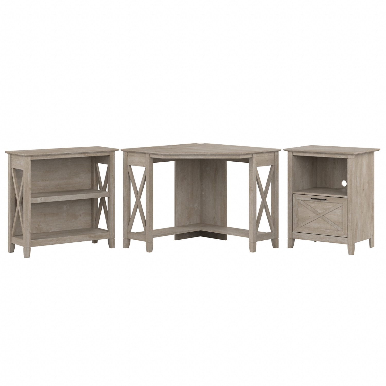 Bush Business Furniture Key West 35inW Small Corner Desk With Bookcase And Lateral File Cabinet, Washed Gray, Standard Delivery