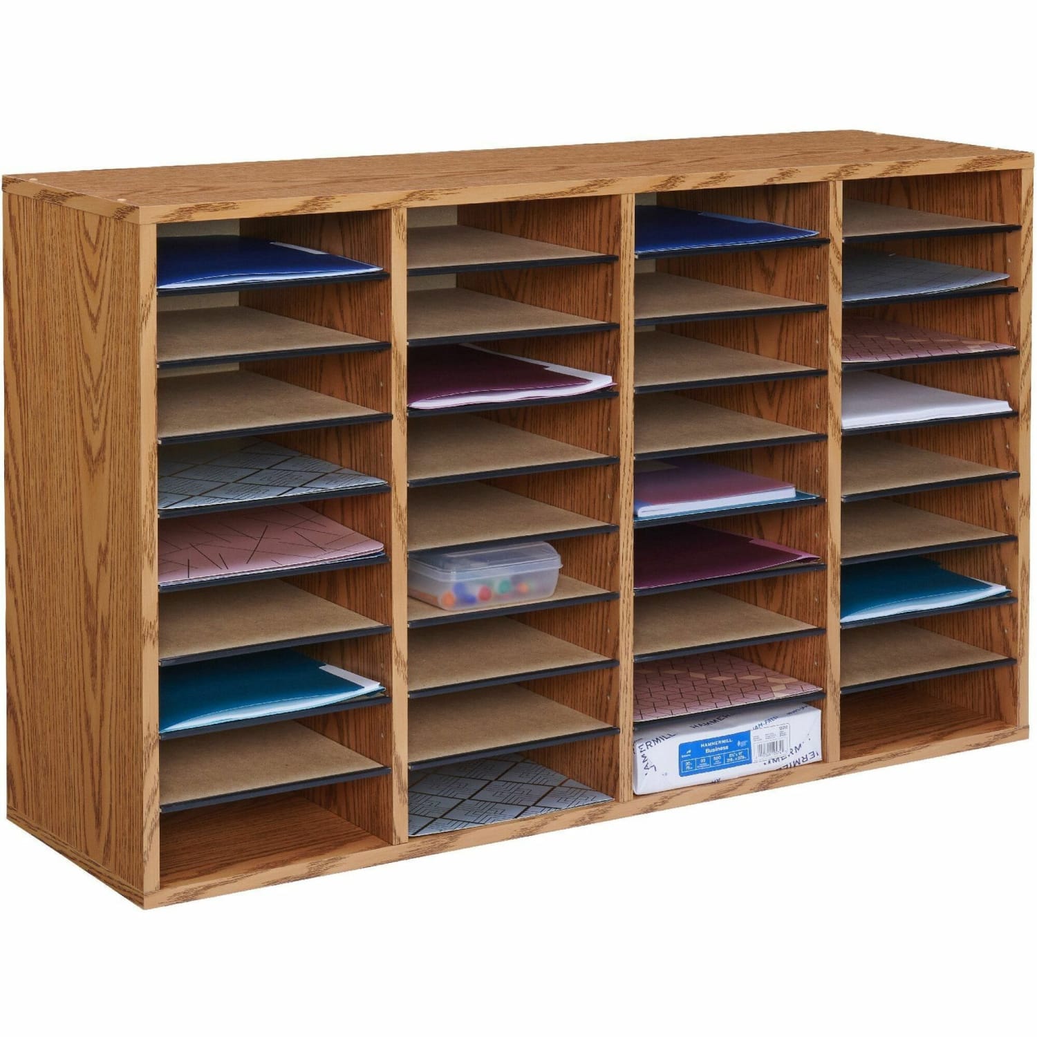 Safco Adjustable Wood Literature Organizer, 24inH x 39-3/8inW x 11-3/4inD, 36 Compartments, Oak - Image 3