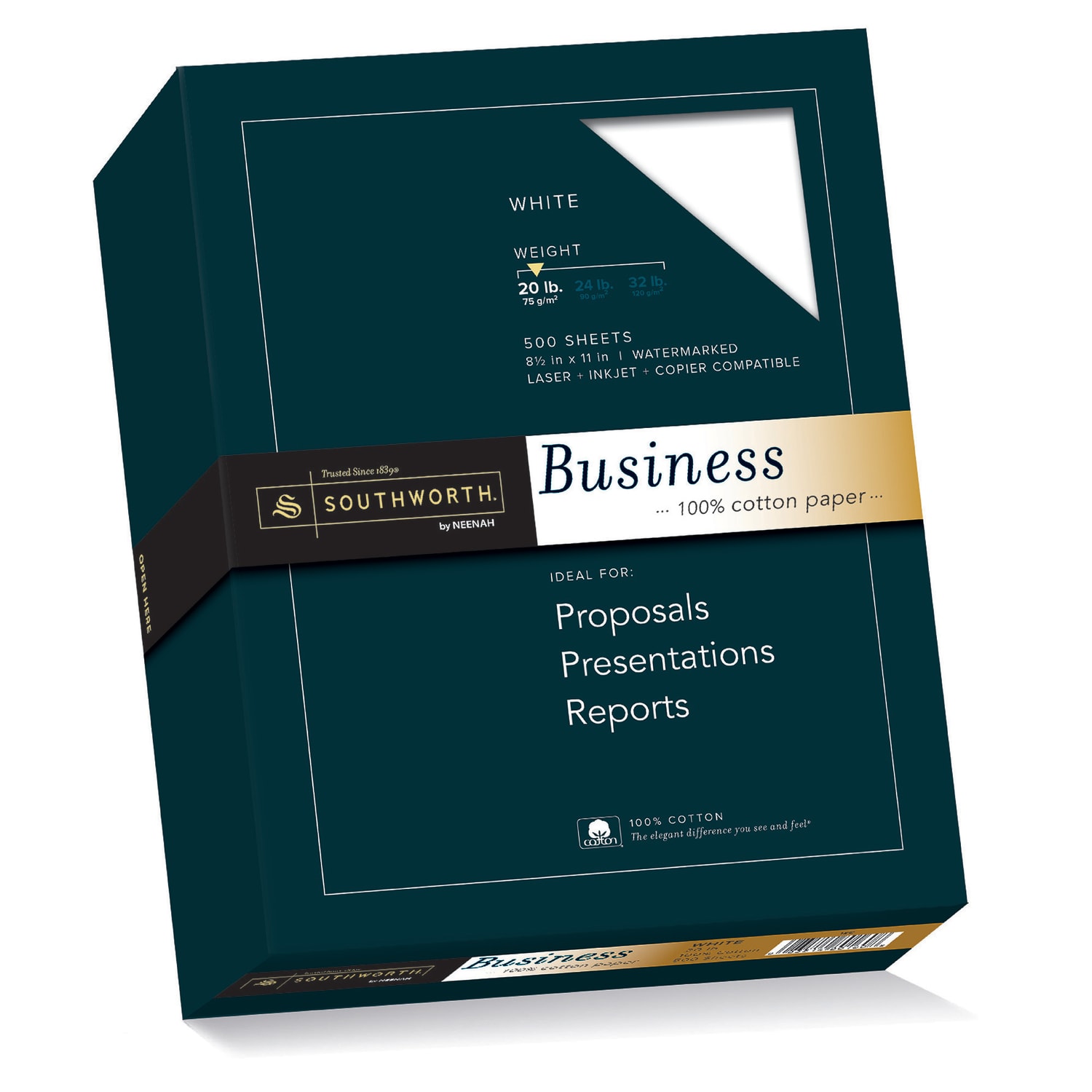 Southworth 100% Cotton Business Multi-Use Printer & Copy Paper, 1 Ream, White, Letter (8.5in x 11in), 500 Sheets Per Ream, 20 Lb, 94 Brightness