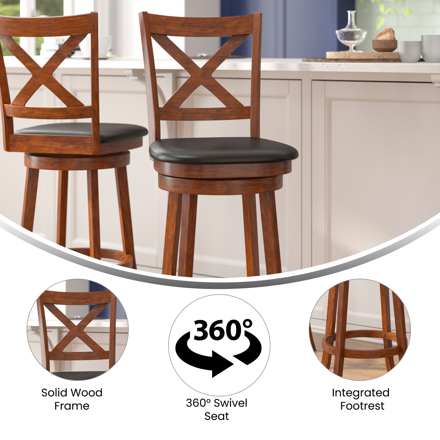 Flash Furniture Felicity Commercial Grade Wood Classic Crossback Swivel Bar Barstool with Padded, Upholstered Seat, Black Vinyl/Antique Oak Frame - Image 4