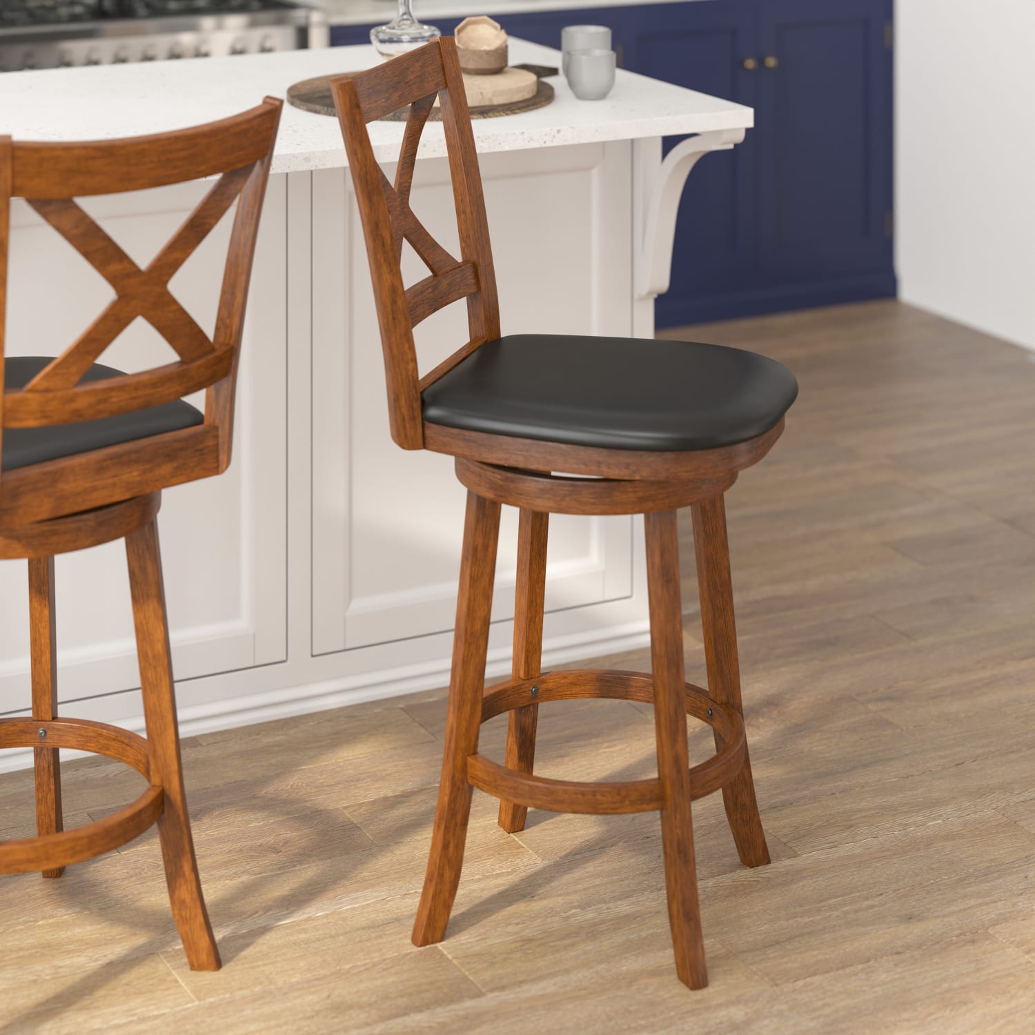 Flash Furniture Felicity Commercial Grade Wood Classic Crossback Swivel Bar Barstool with Padded, Upholstered Seat, Black Vinyl/Antique Oak Frame - Image 5
