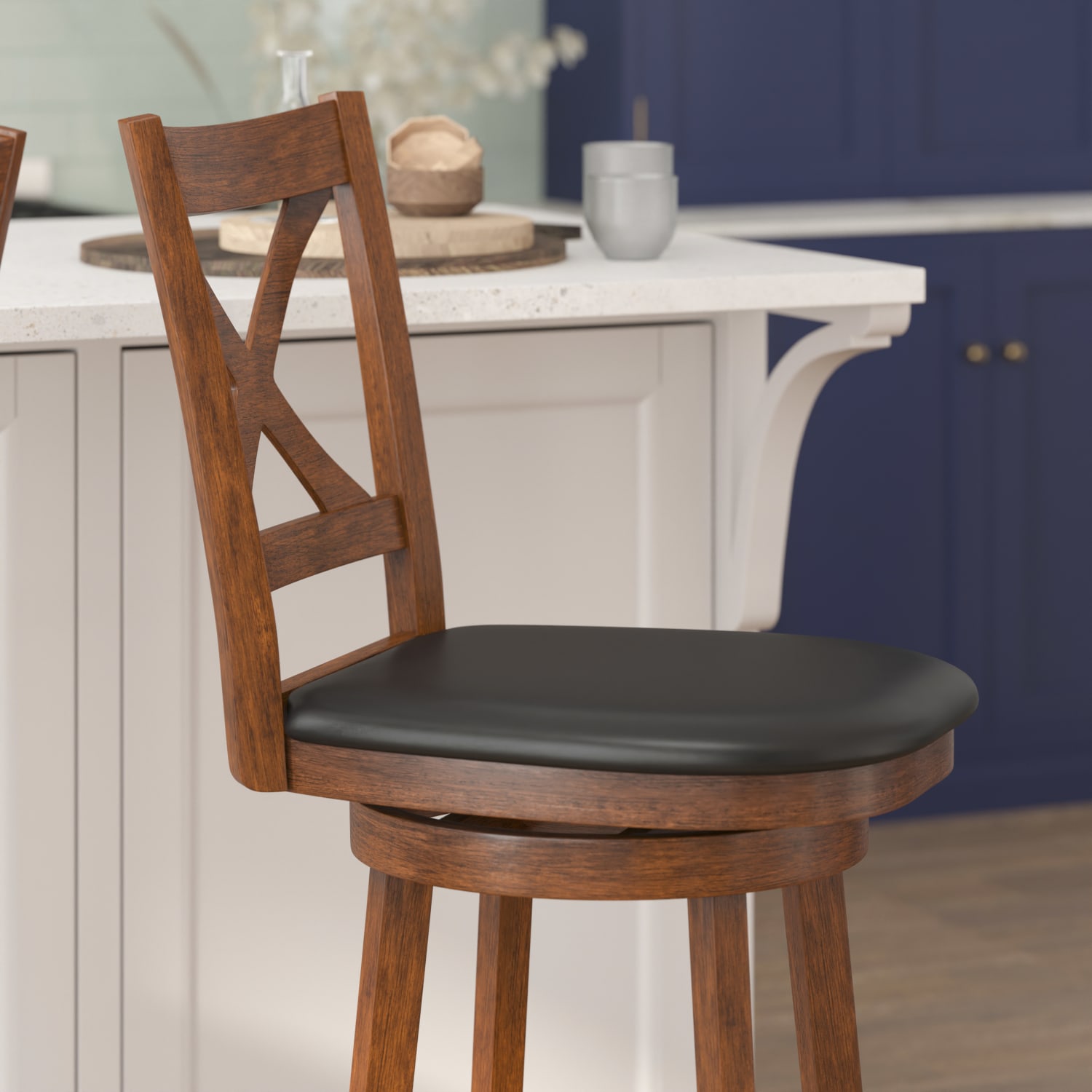 Flash Furniture Felicity Commercial Grade Wood Classic Crossback Swivel Bar Barstool with Padded, Upholstered Seat, Black Vinyl/Antique Oak Frame - Image 6