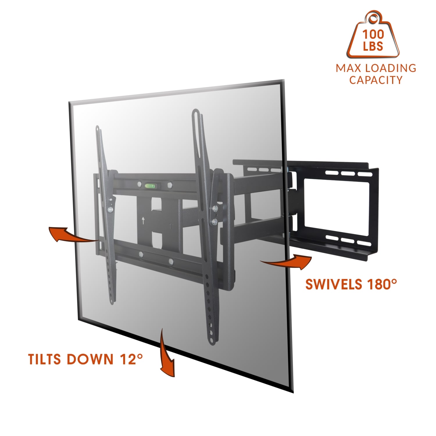 MegaMounts Full-Motion Wall Mount With Bubble Level For 26 - 55in Screens, 19.5inH x 17.97inW x 4.5inD, Black - Image 3