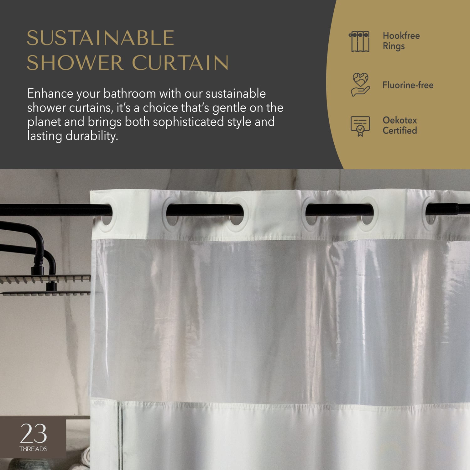 23 Threads Shower Curtain, Embroidered GRS Polyester, Hook-Free, White/Taupe, 71in x 74in, Case of 12