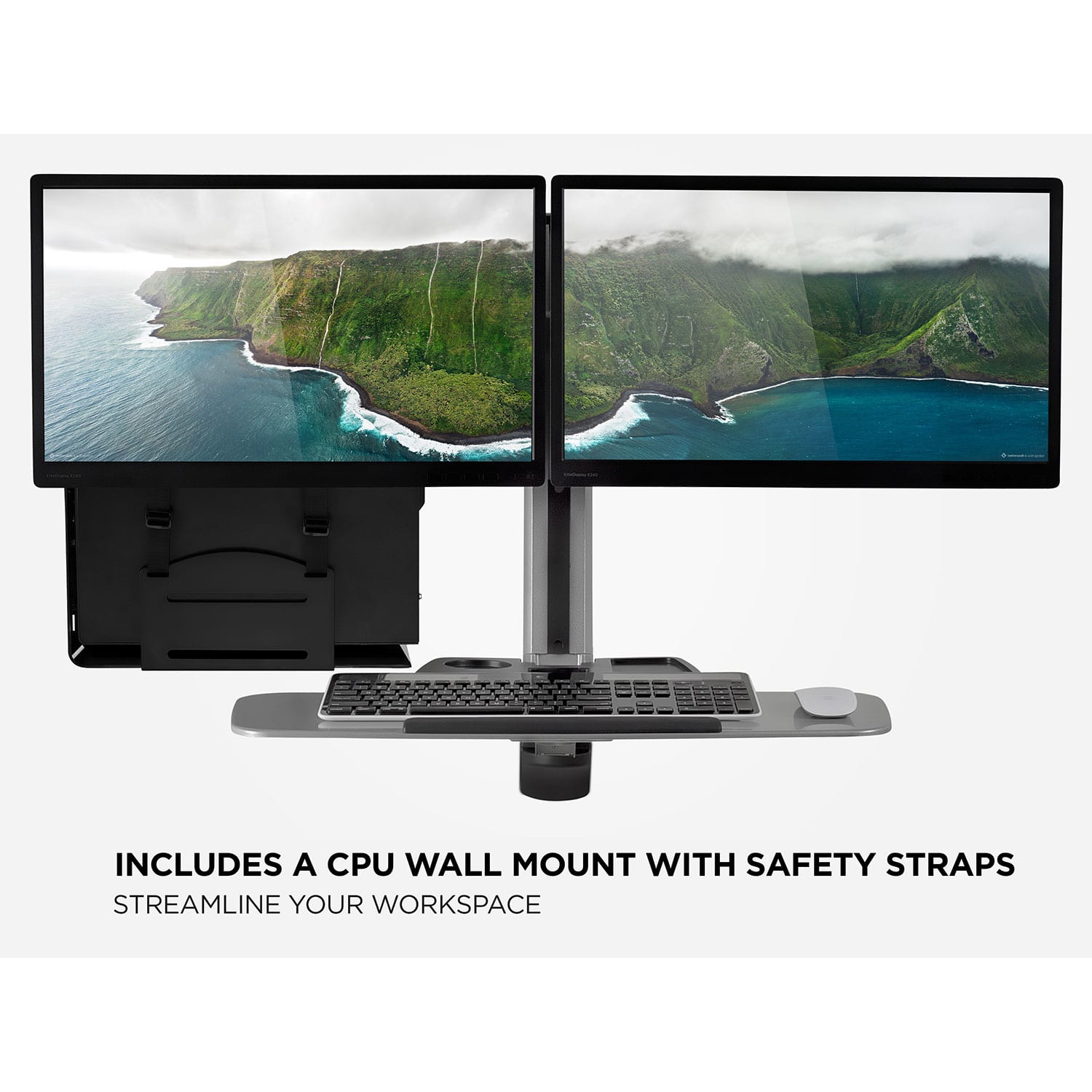 Mount-It! MI-7906 36inW Sit-Stand Dual-Monitor Wall-Mount Workstation With Articulating Keyboard Tray Arm And CPU Holder, Silver - Image 3