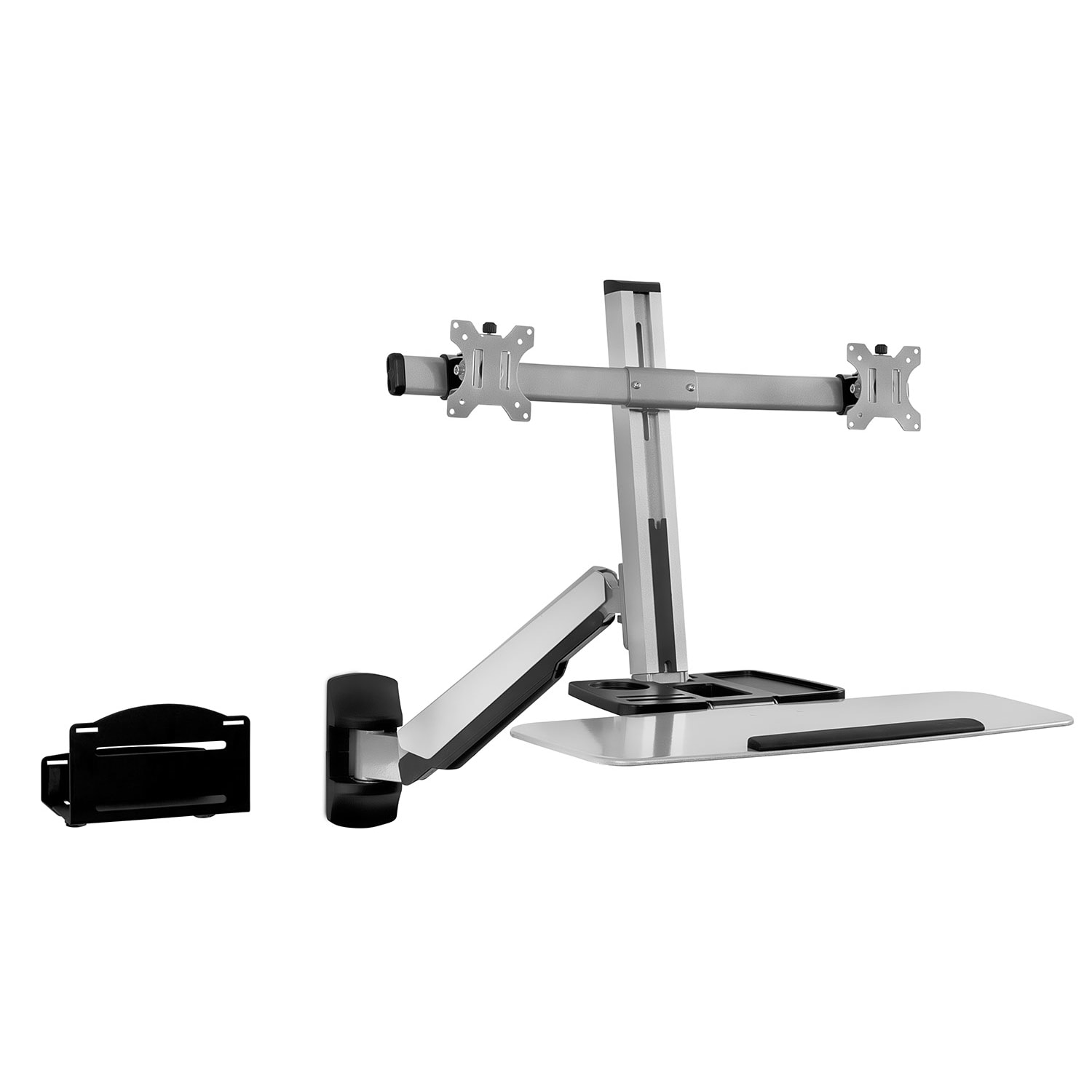 Mount-It! MI-7906 36inW Sit-Stand Dual-Monitor Wall-Mount Workstation With Articulating Keyboard Tray Arm And CPU Holder, Silver - Image 4