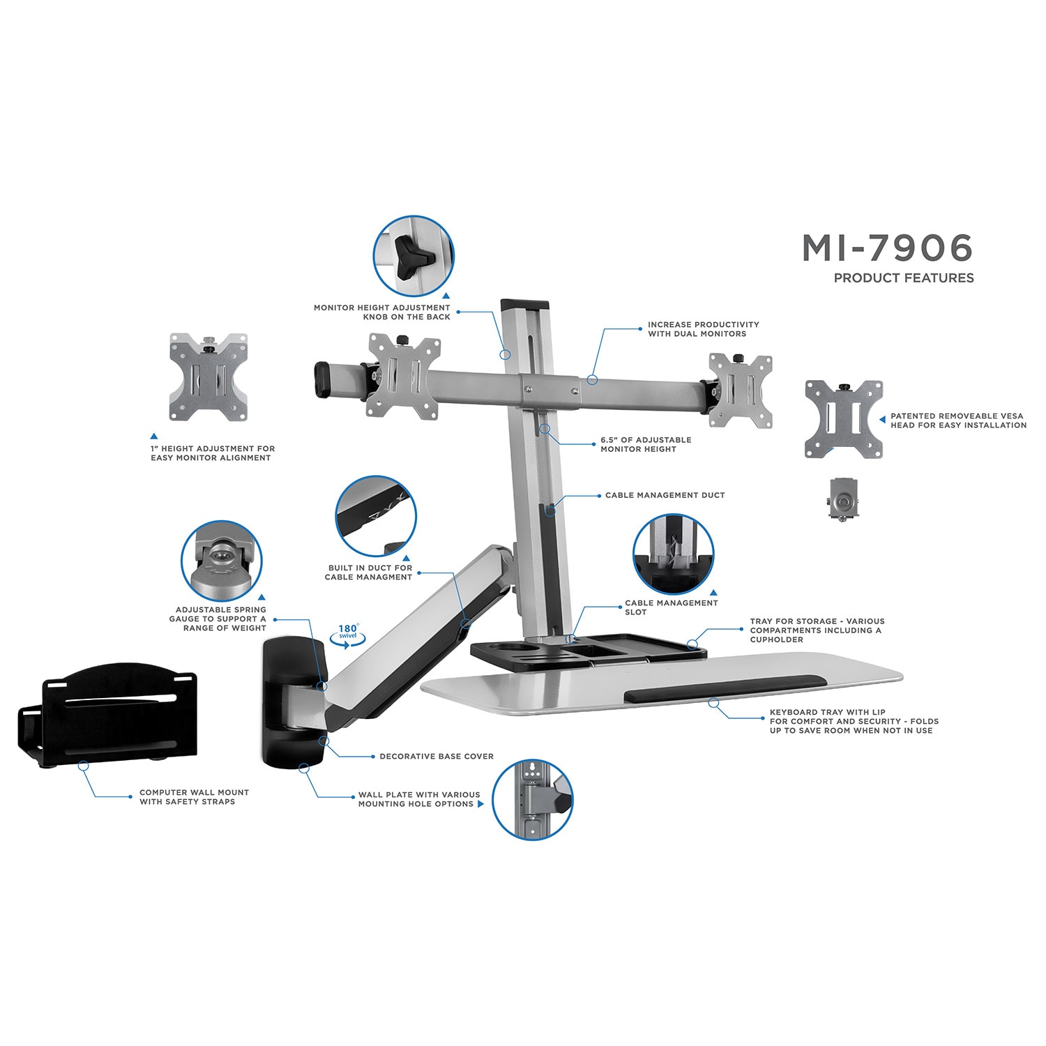 Mount-It! MI-7906 36inW Sit-Stand Dual-Monitor Wall-Mount Workstation With Articulating Keyboard Tray Arm And CPU Holder, Silver - Image 6