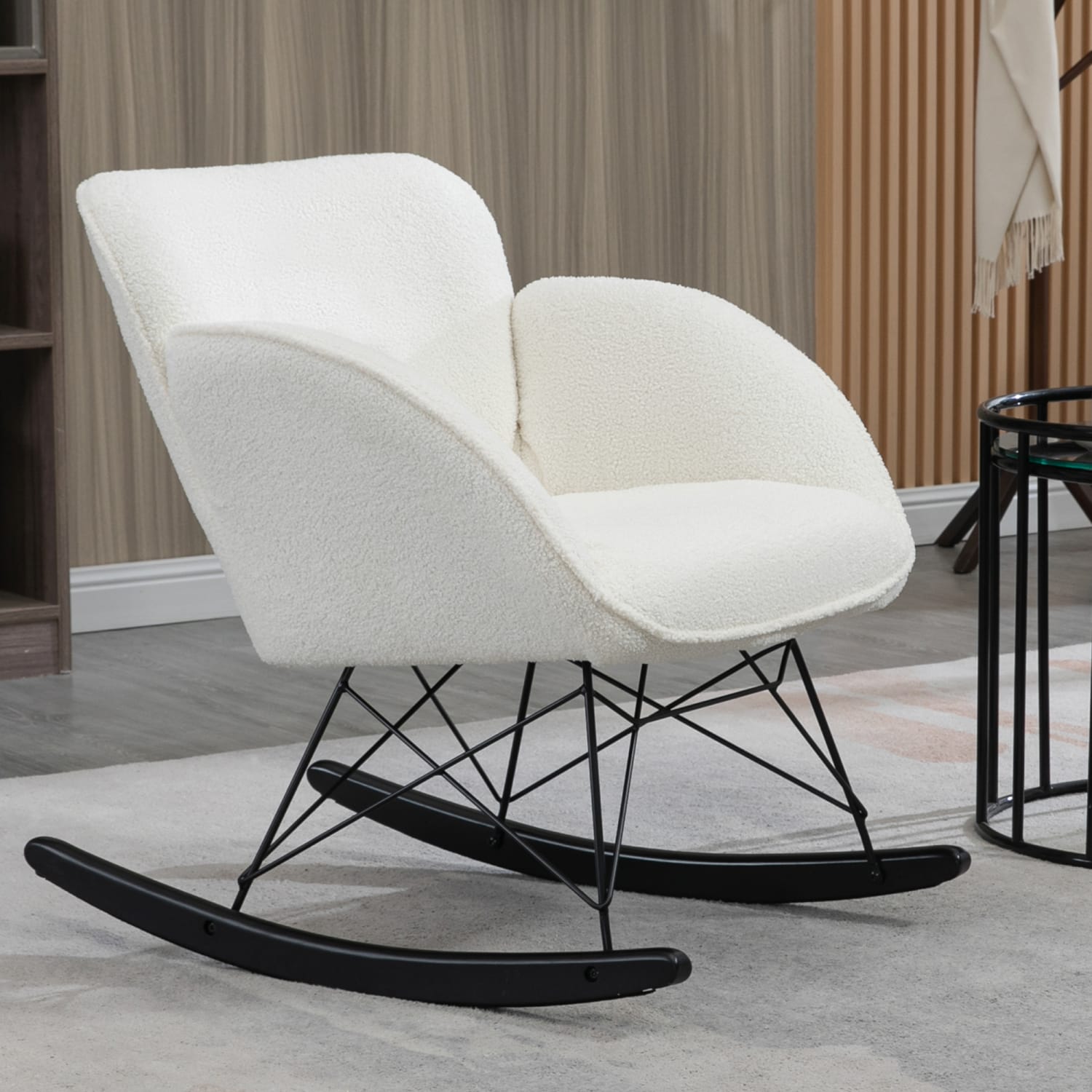 Glamour Home Ayan Boucle Fabric Rocking Chair, White/Black - Image 3