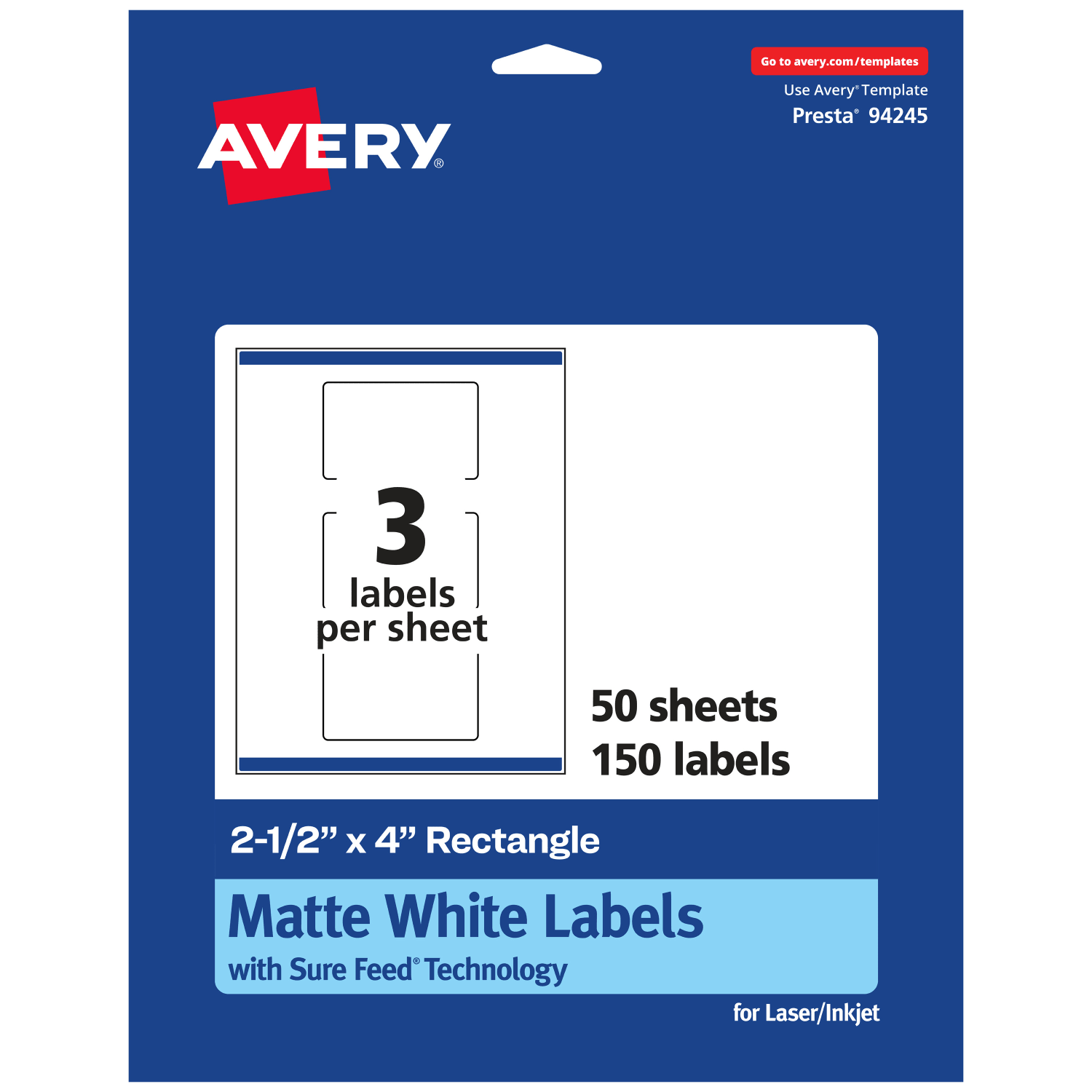 Avery Permanent Labels With Sure Feed, 94245-WMP50, Rectangle, 2-1/2in x 4in, White, Pack Of 150