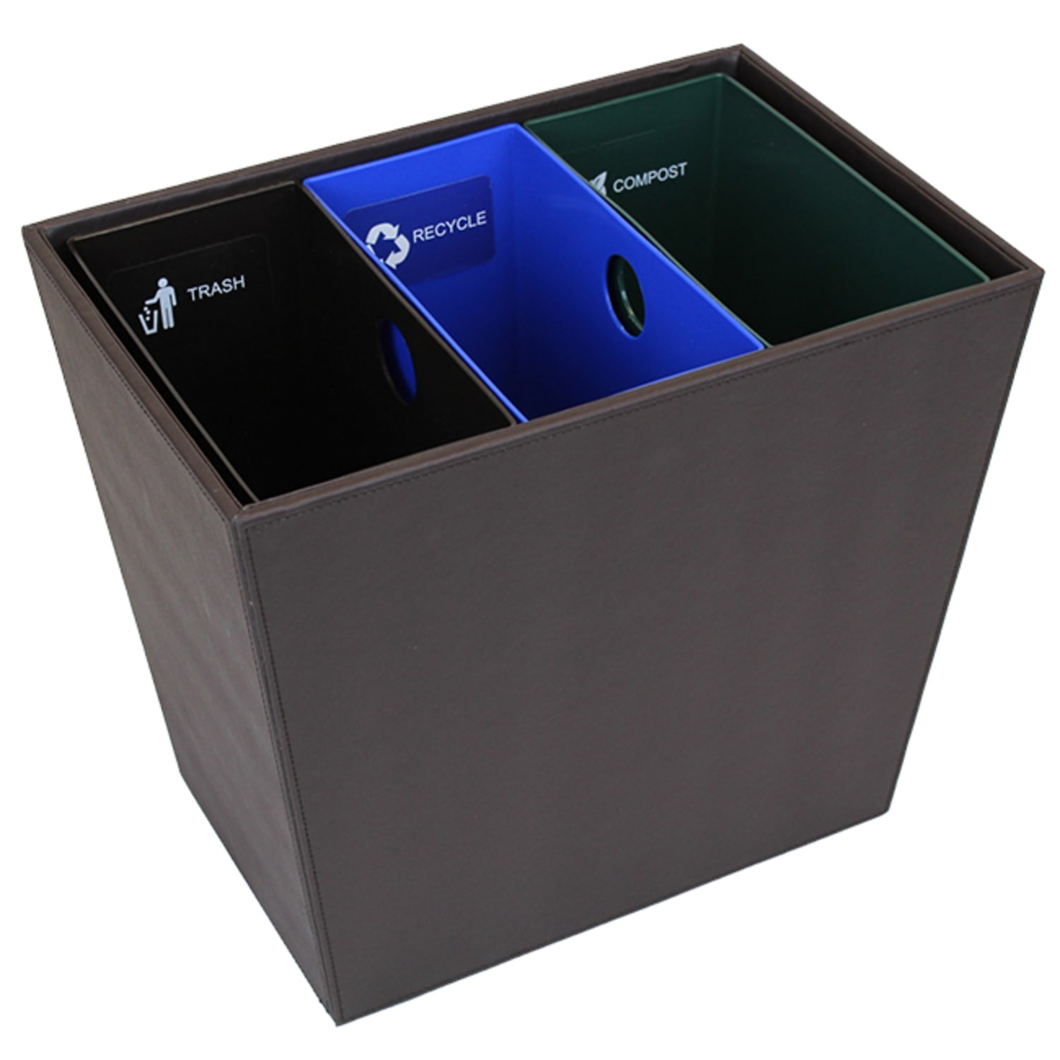 Hospitality Source Wood Triple Recycle Bins, 14in x 9-1/2in x 12-1/2in, Mocha Brown, Set Of 6 Bins - Image 3