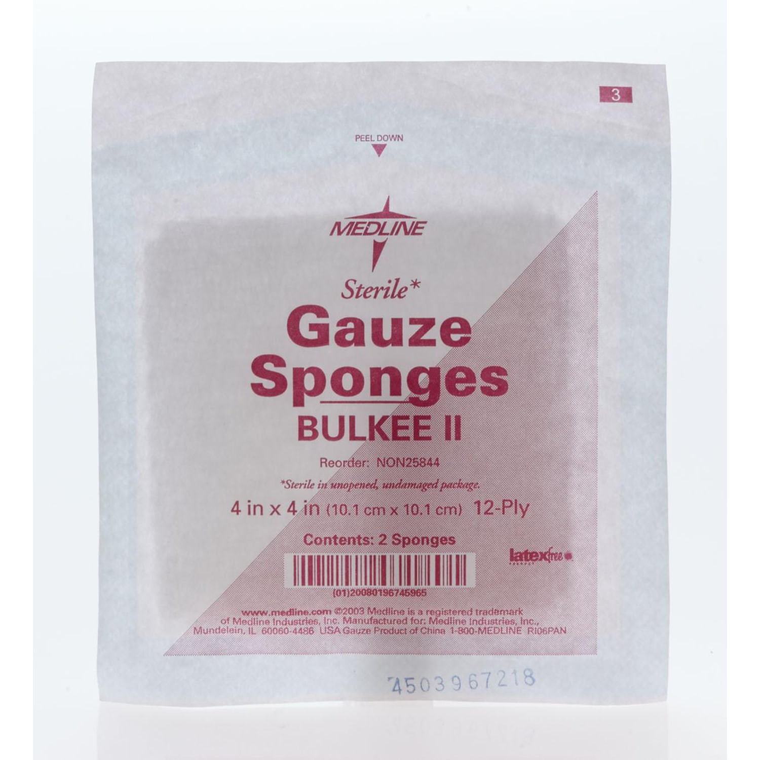 Medline Bulkee Super Fluff Sterile Sponges, 4in x 4in, White, 2 Sponges Per Pack, Case Of 600 Packs