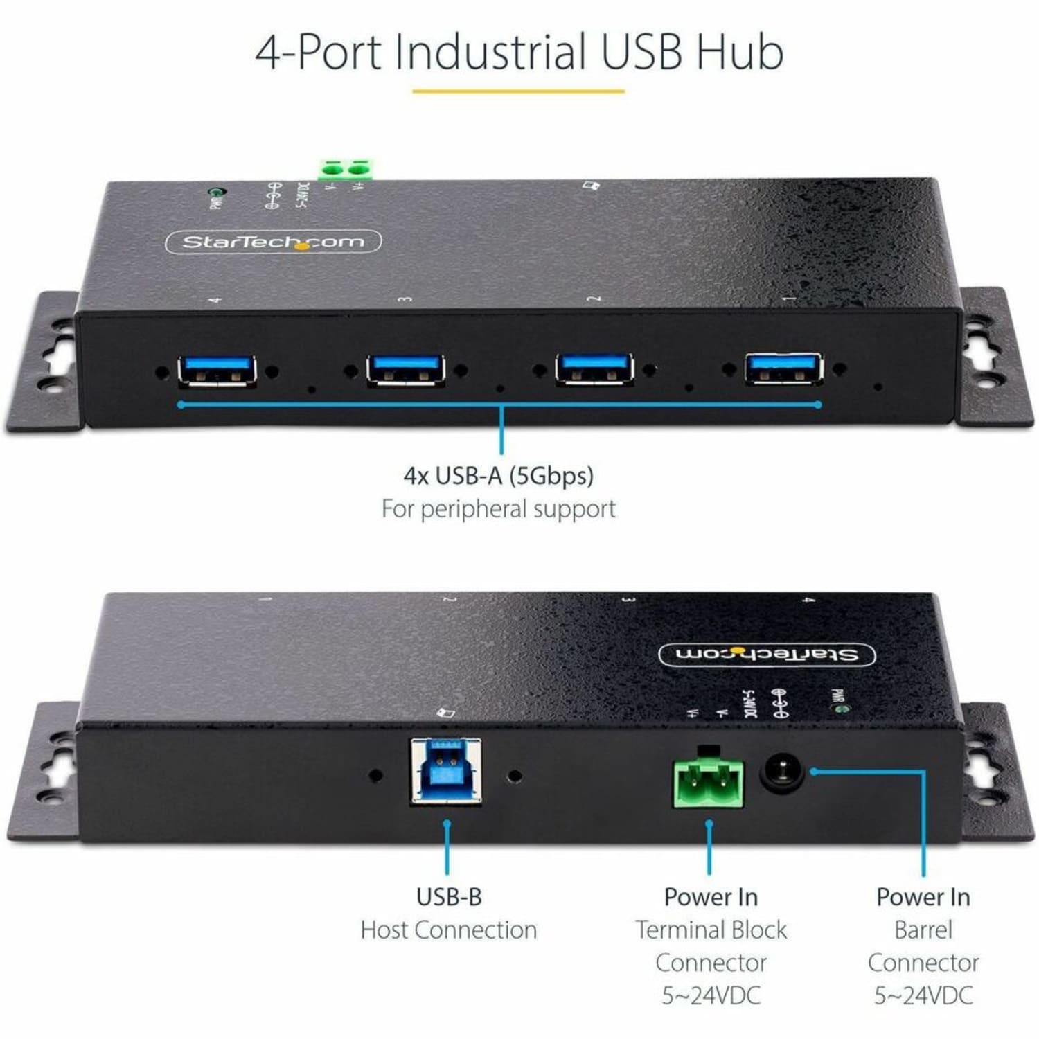 StarTech.com 4-Port Industrial USB 3.0 5Gbps Hub, Rugged USB Hub w/ ESD & Surge Protection, DIN/Wall/Desk Mountable, US - 5G4AINDNPUSBAHUB - Image 3