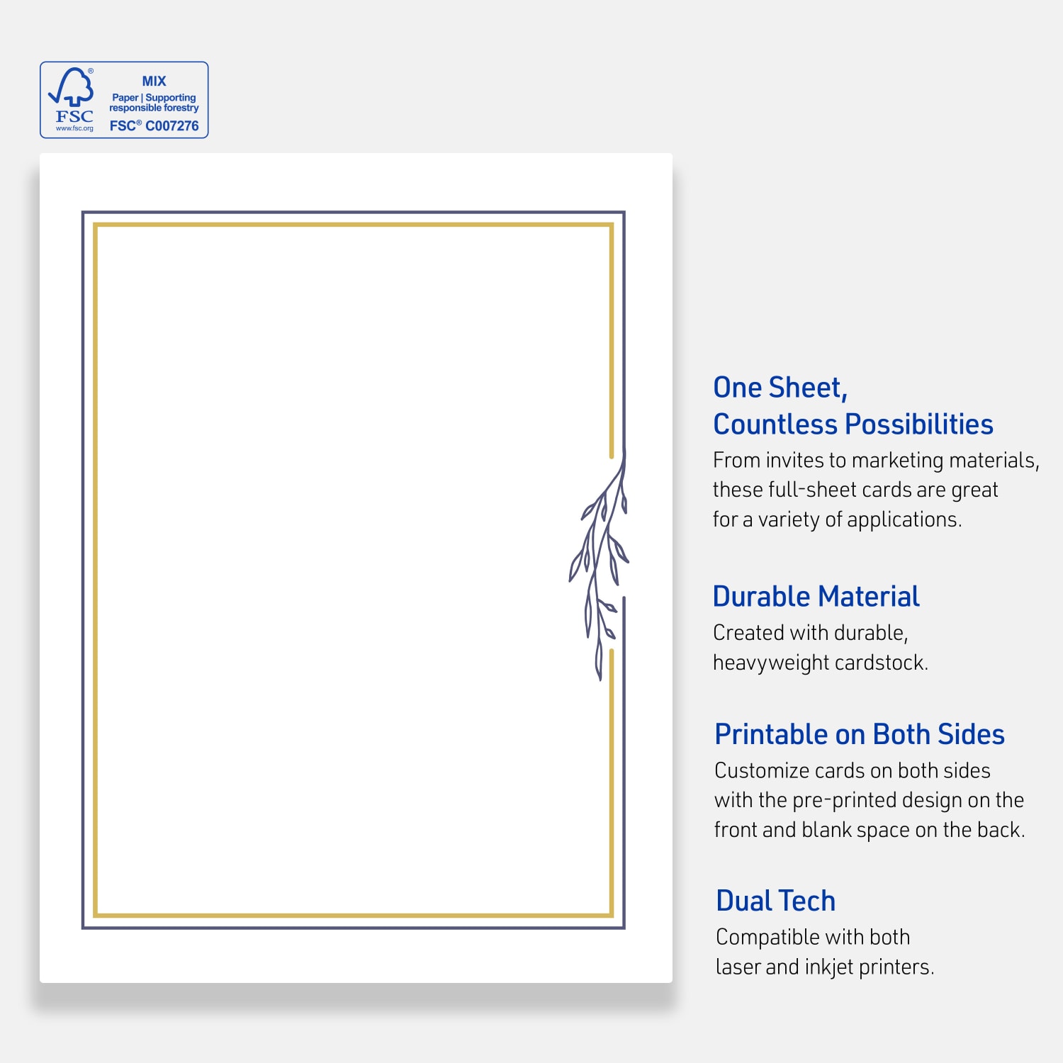 Avery Printable Cards, 8-1/2in x 11in, Matte White With Floral Gold/Navy Border, Pack Of 10 - Image 5