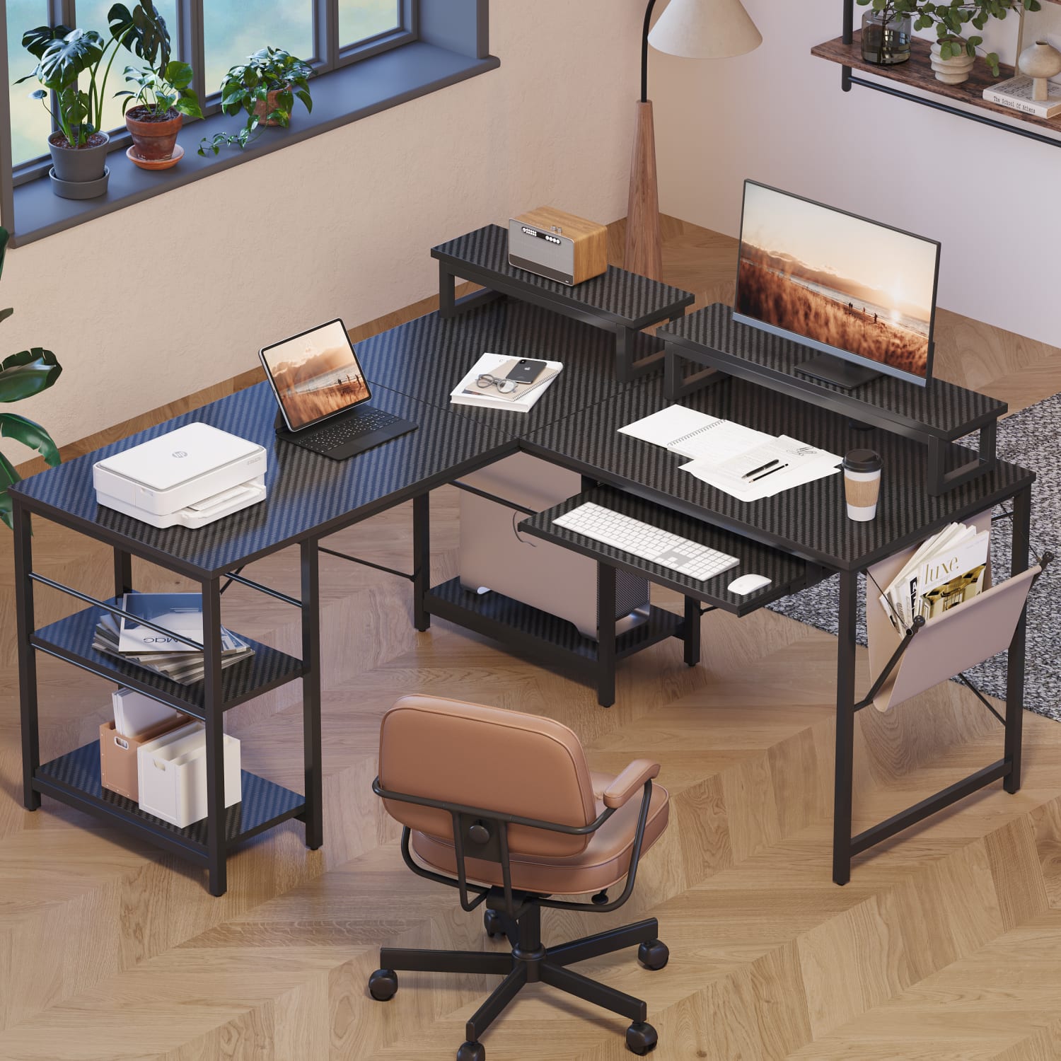 Bestier L-Shaped Corner Computer Desk With Storage Shelf, Monitor Stands, Side Pocket And Tray, 60inW, Black Carbon Fiber - Image 5