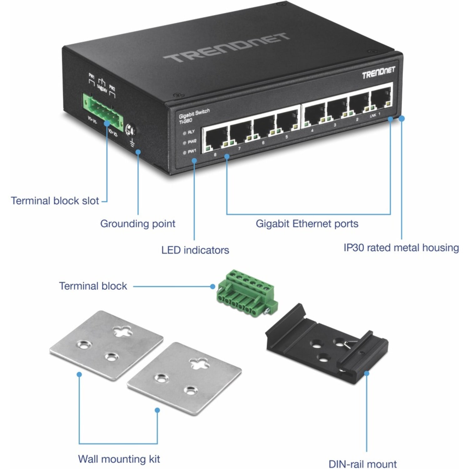TRENDnet 8-Port Hardened Industrial Gigabit DIN-Rail Switch, TI-G80, 16 Gbps Switching Capacity, IP30 Rated, Ethernet Splitter - Image 6